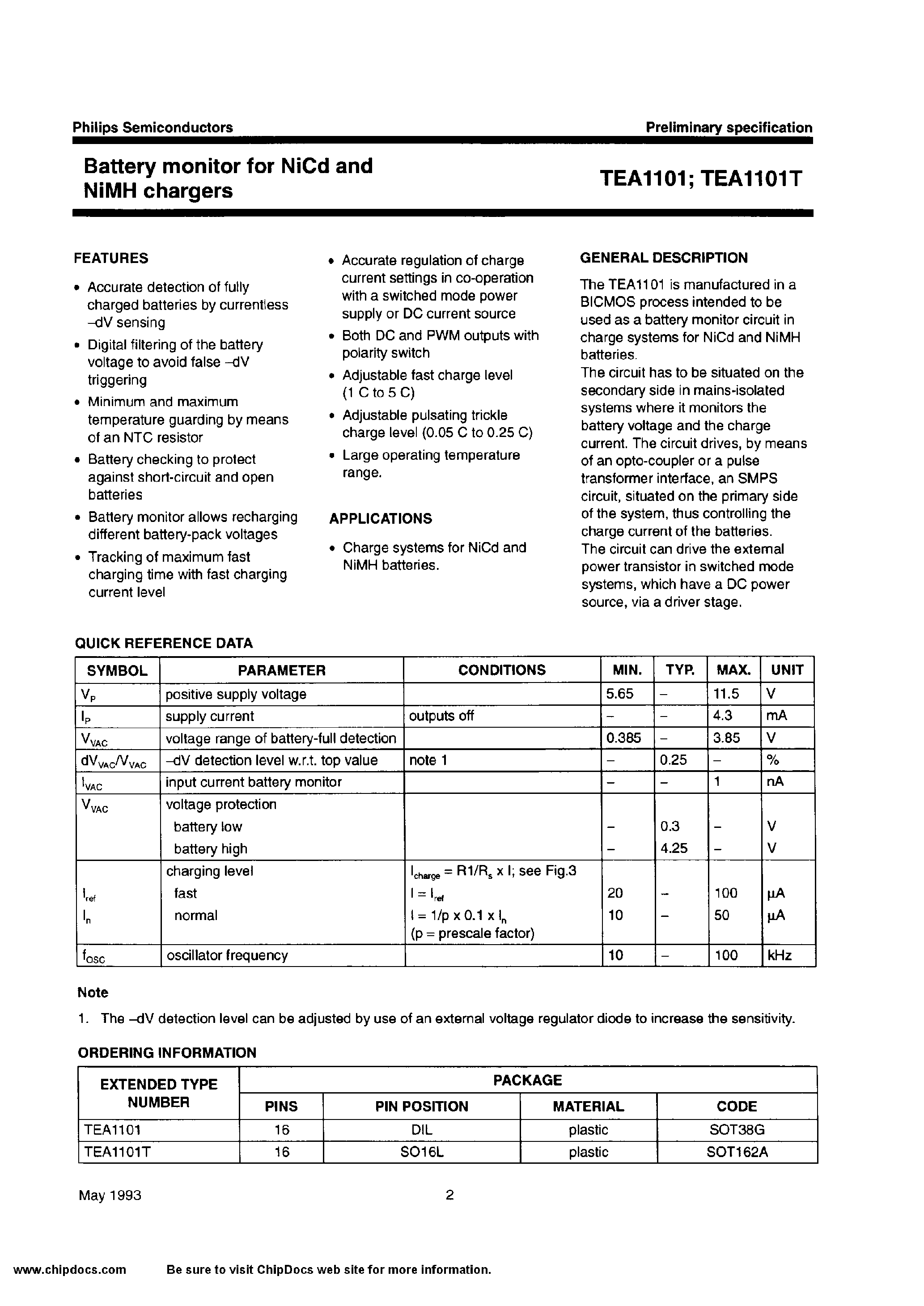 Даташит TEA1101 - Battery monitor for Nicd and NiMH chargers страница 2
