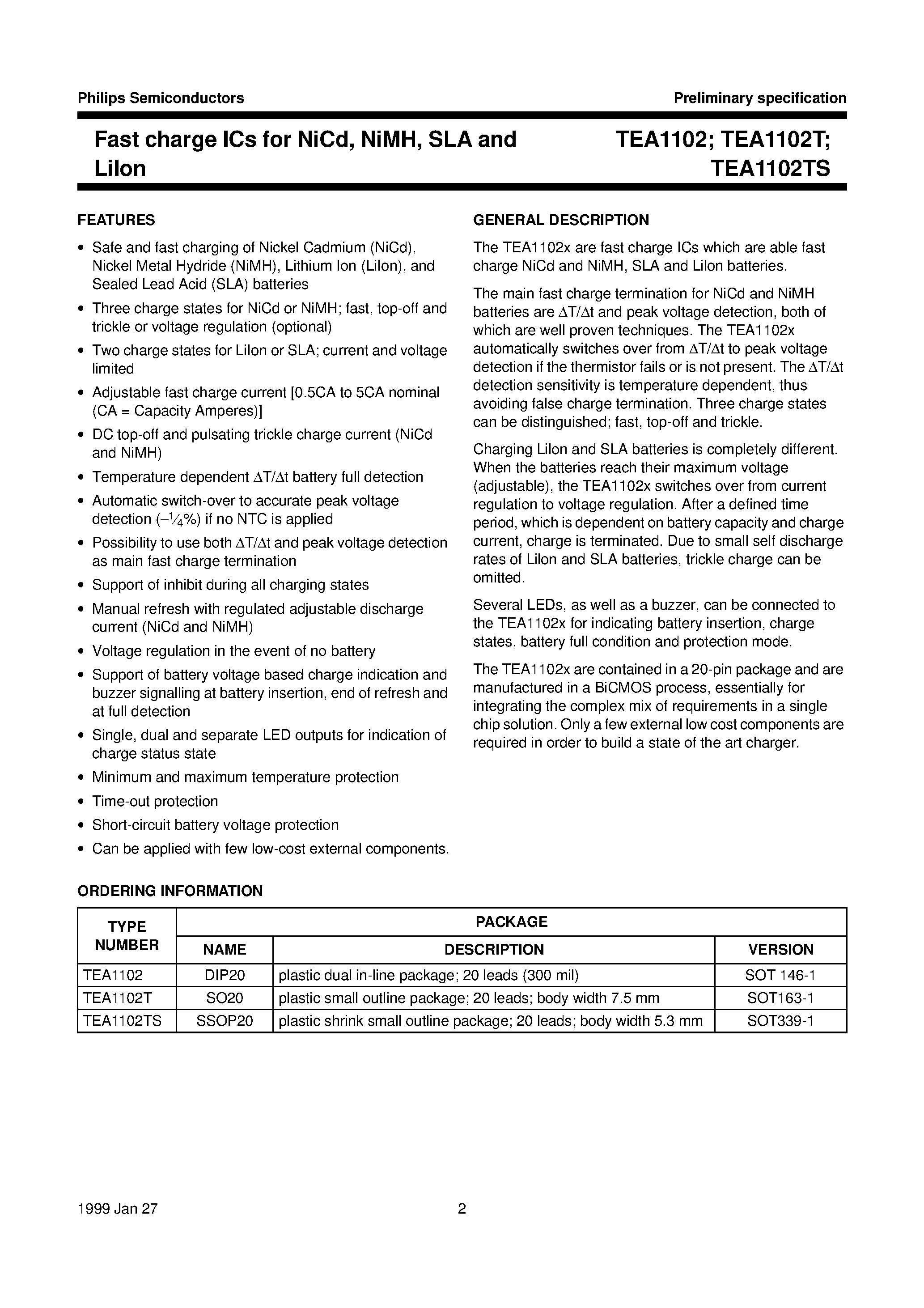 Даташит TEA1102T - Fast charge ICs for NiCd/ NiMH/ SLA and LiIon страница 2