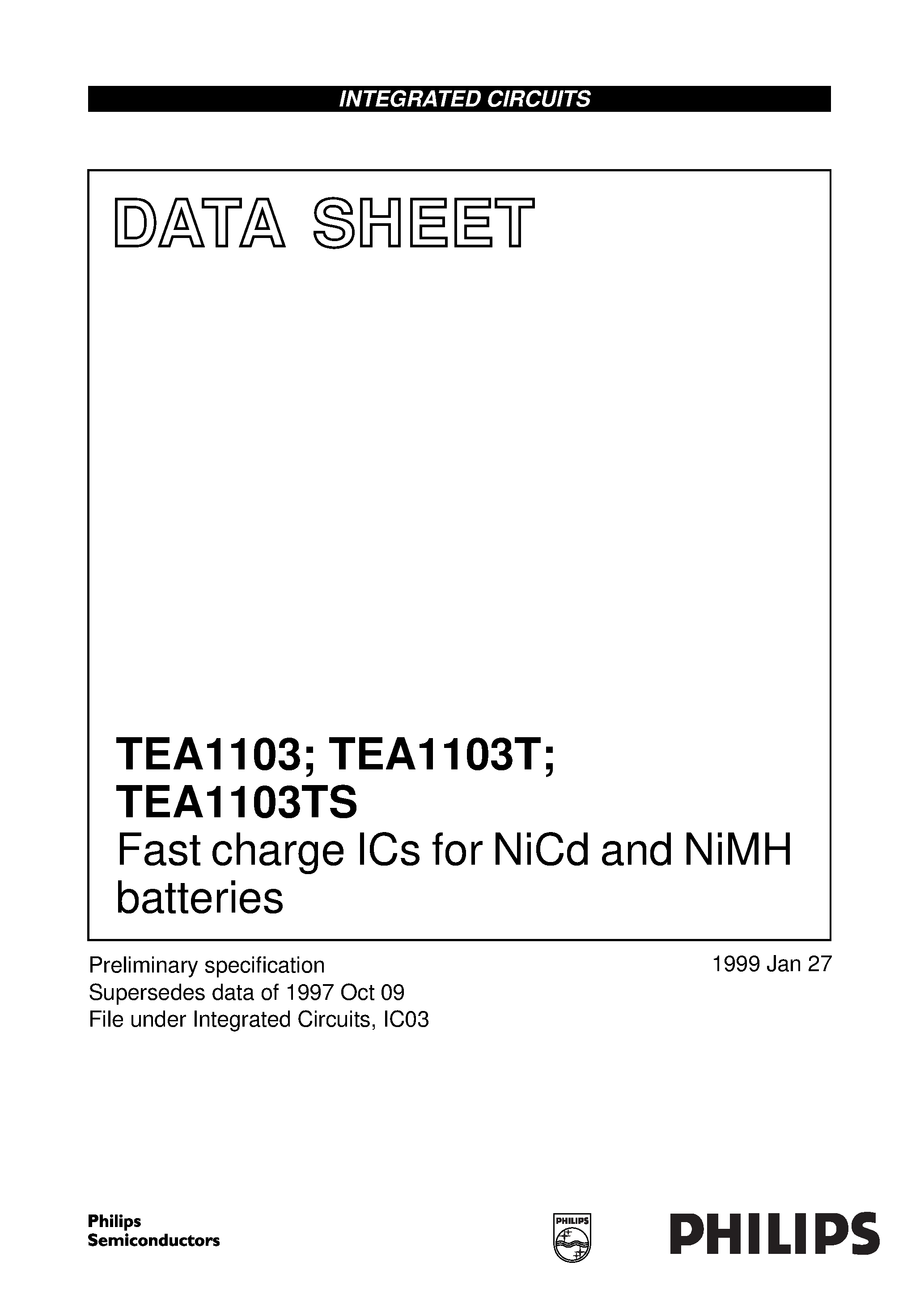 Даташит TEA1103 - Fast charge ICs for NiCd and NiMH batteries страница 1