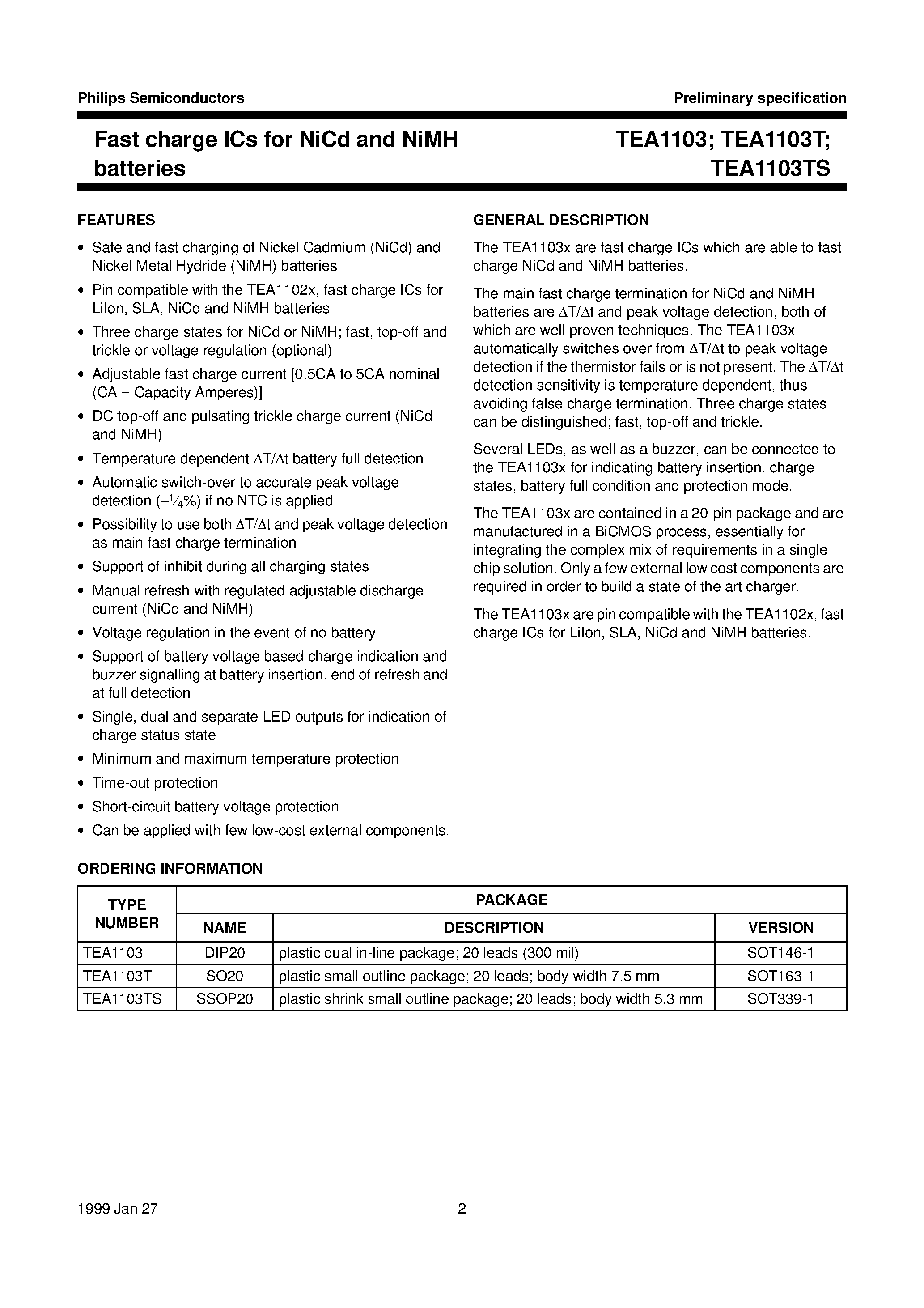 Datasheet TEA1103TS - Fast charge ICs for NiCd and NiMH batteries page 2