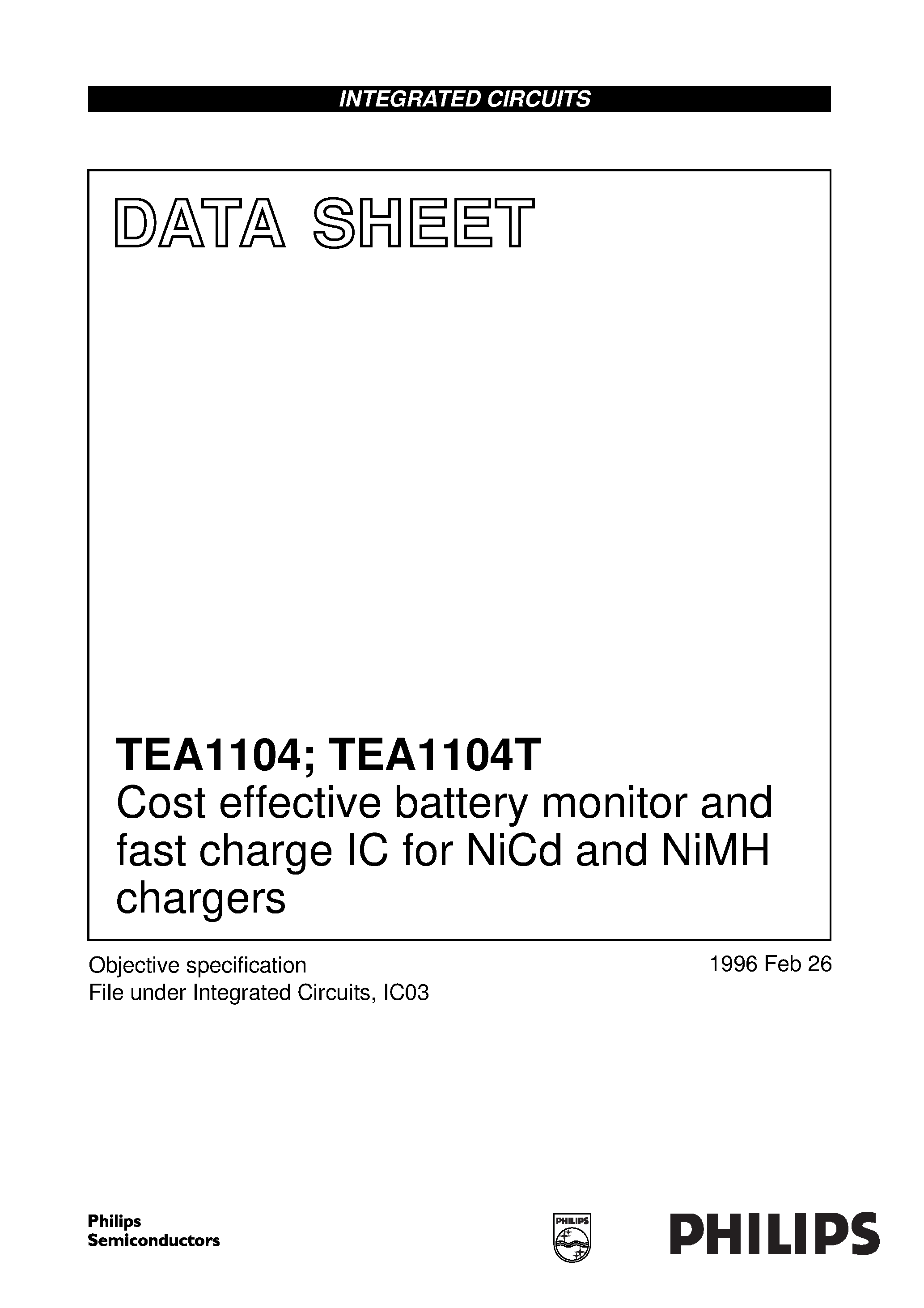 Даташит TEA1104T - Cost effective battery monitor and fast charge IC for NiCd and NiMH chargers страница 1