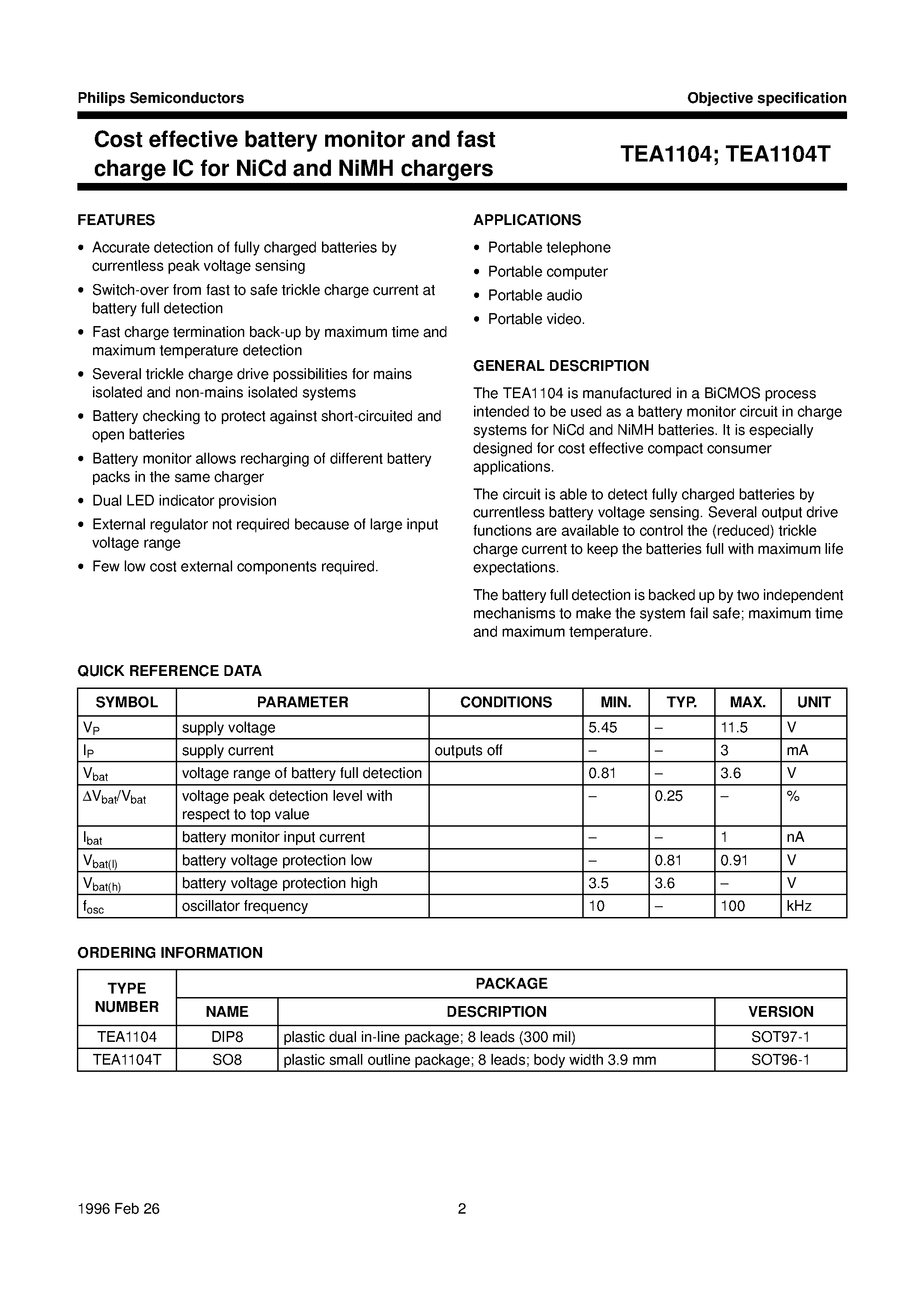 Даташит TEA1104T - Cost effective battery monitor and fast charge IC for NiCd and NiMH chargers страница 2