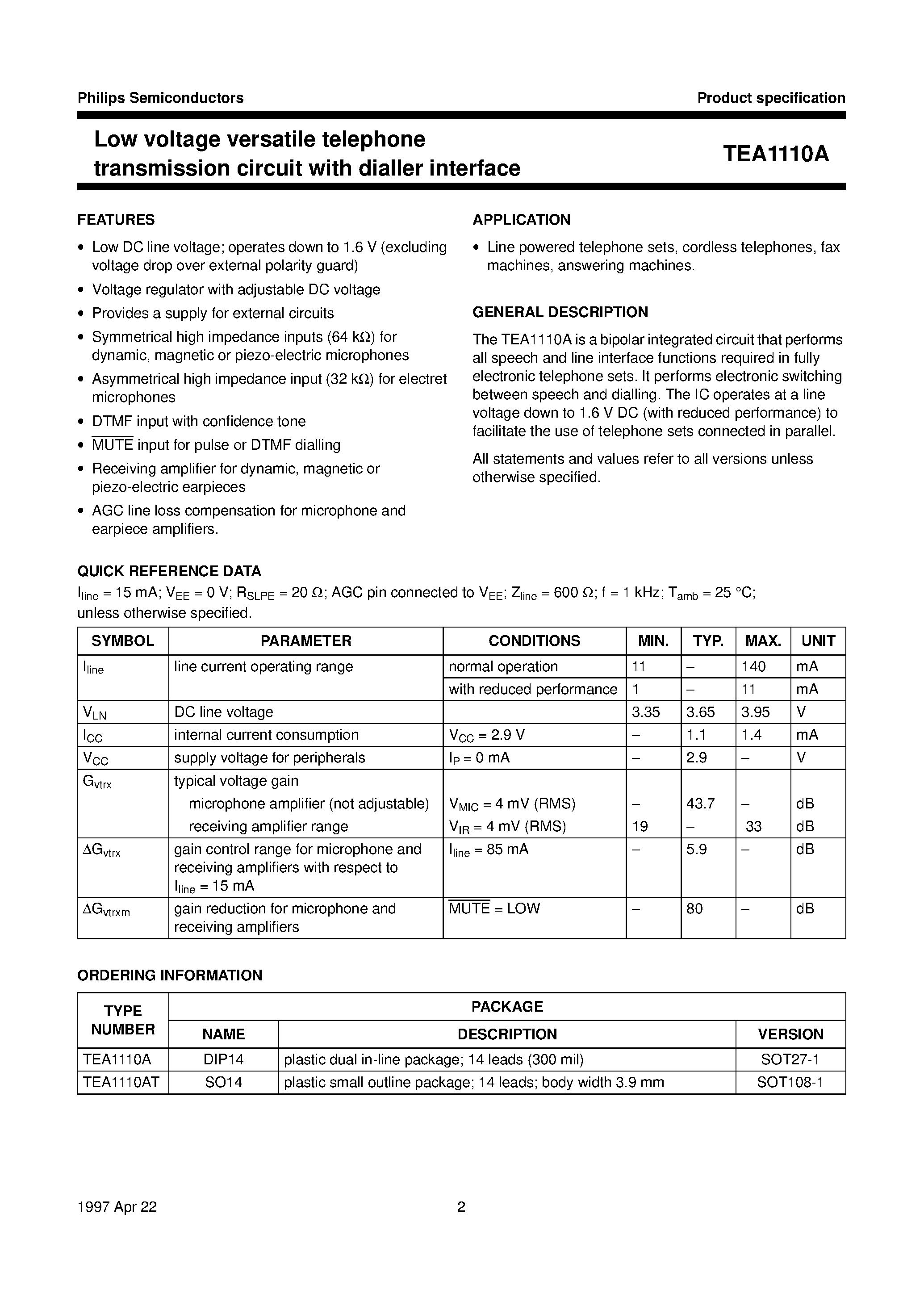 Datasheet TEA1110 - Low voltage versatile telephone transmission circuit with dialler interface page 2