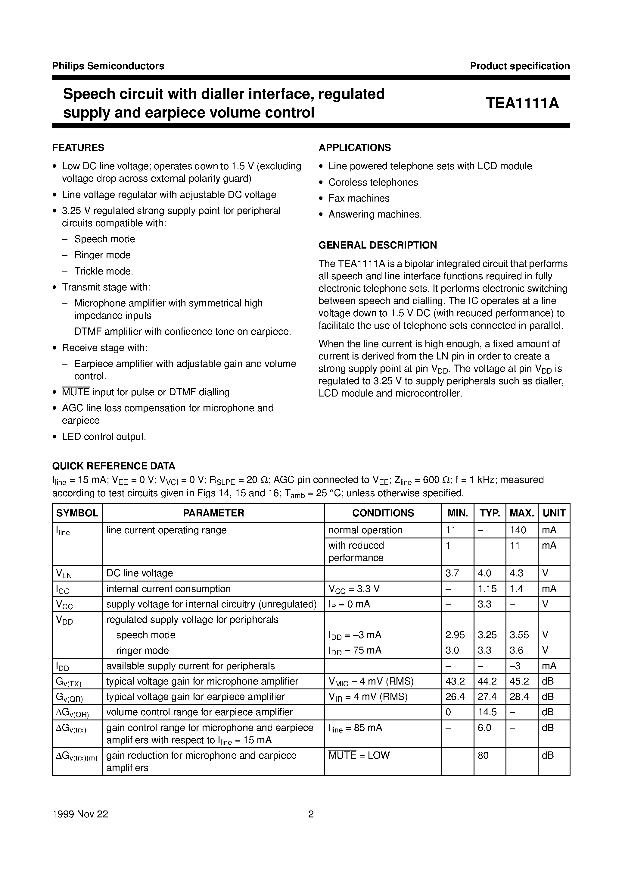 Даташит TEA1111A - Speech circuit with dialler interface/ regulated supply and earpiece volume control страница 2