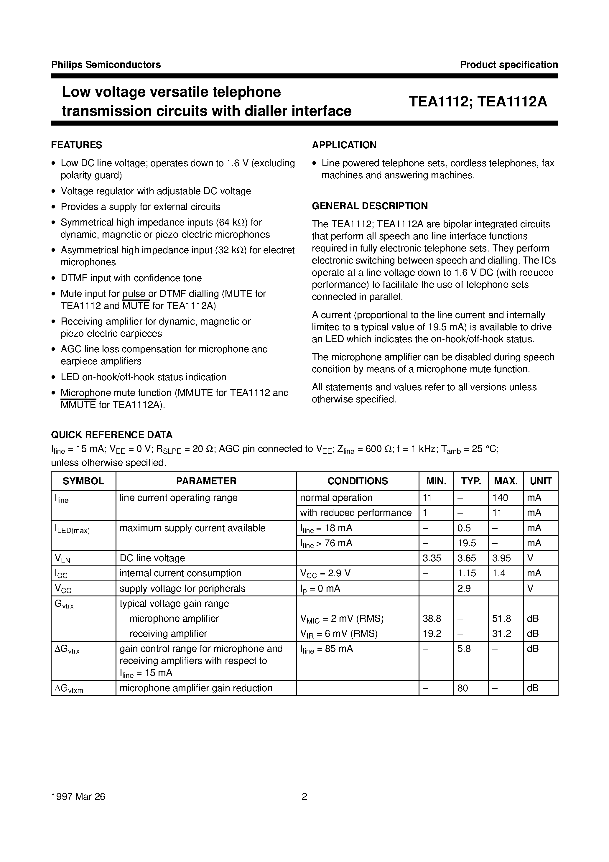 Datasheet TEA1112A - Low voltage versatile telephone transmission circuits with dialler interface page 2