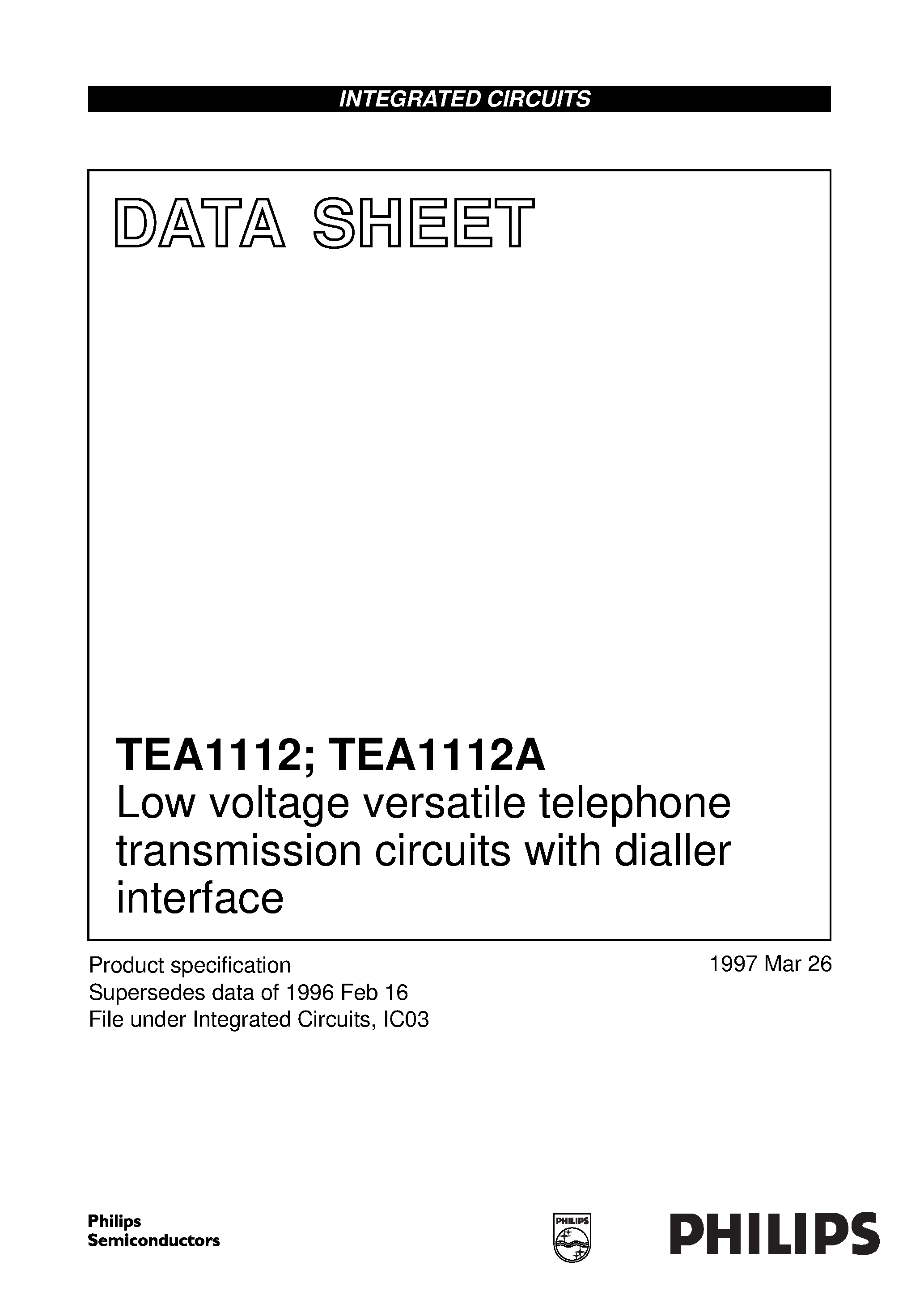 Даташит TEA1112AT - Low voltage versatile telephone transmission circuits with dialler interface страница 1
