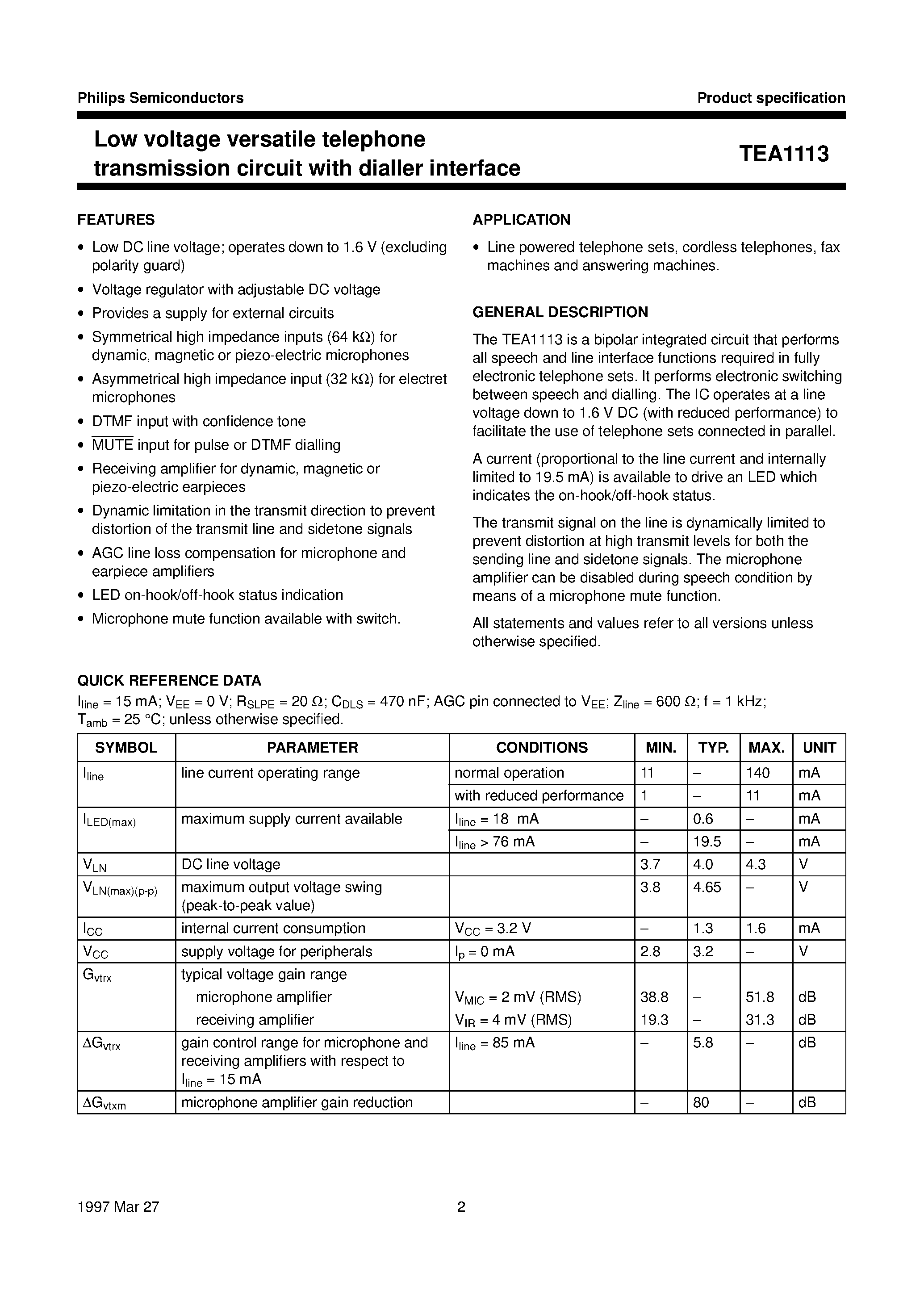 Даташит TEA1113T - Low voltage versatile telephone transmission circuit with dialler interface страница 2