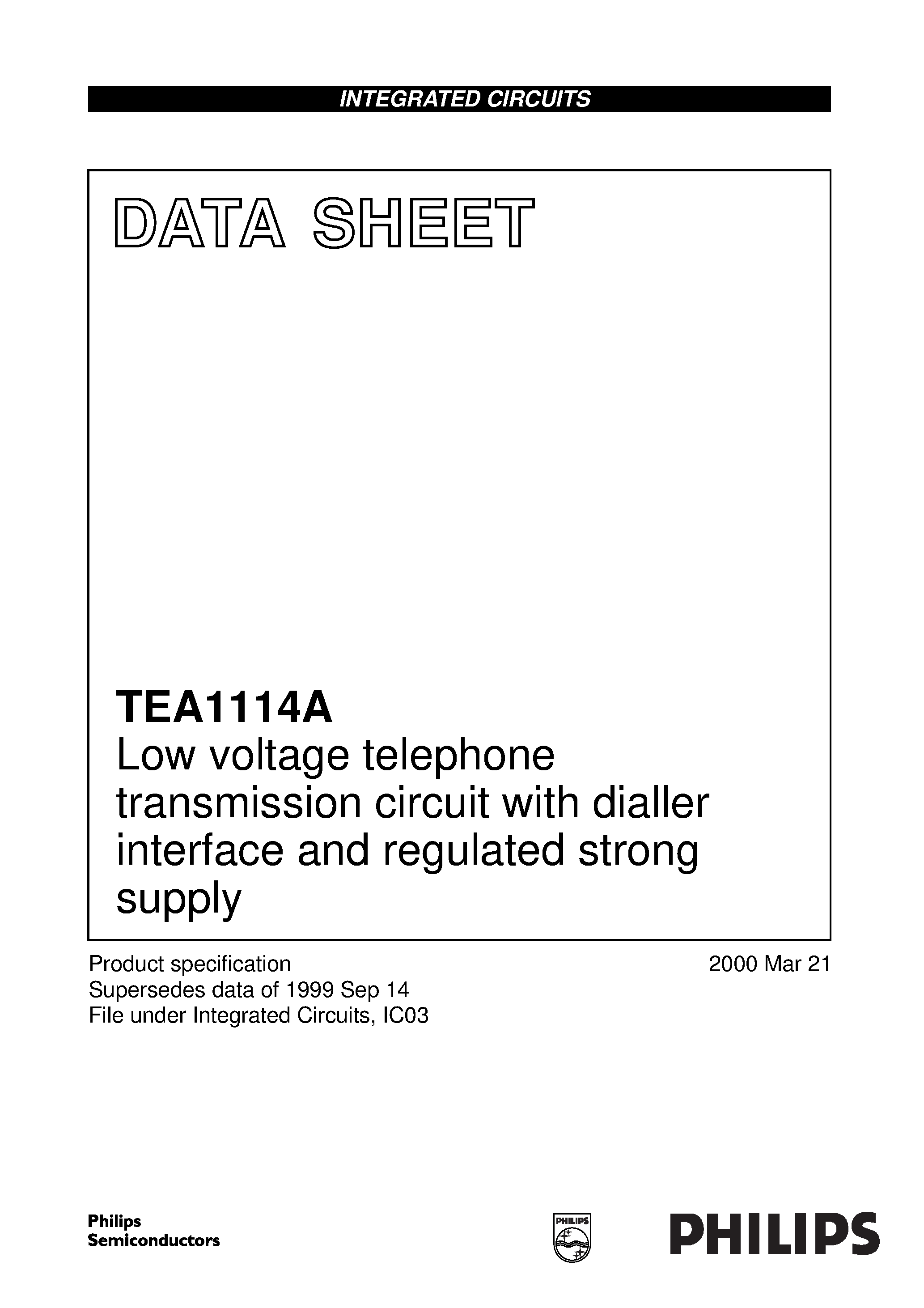 Даташит TEA1114AT - Low voltage telephone transmission circuit with dialler interface and regulated strong supply страница 1