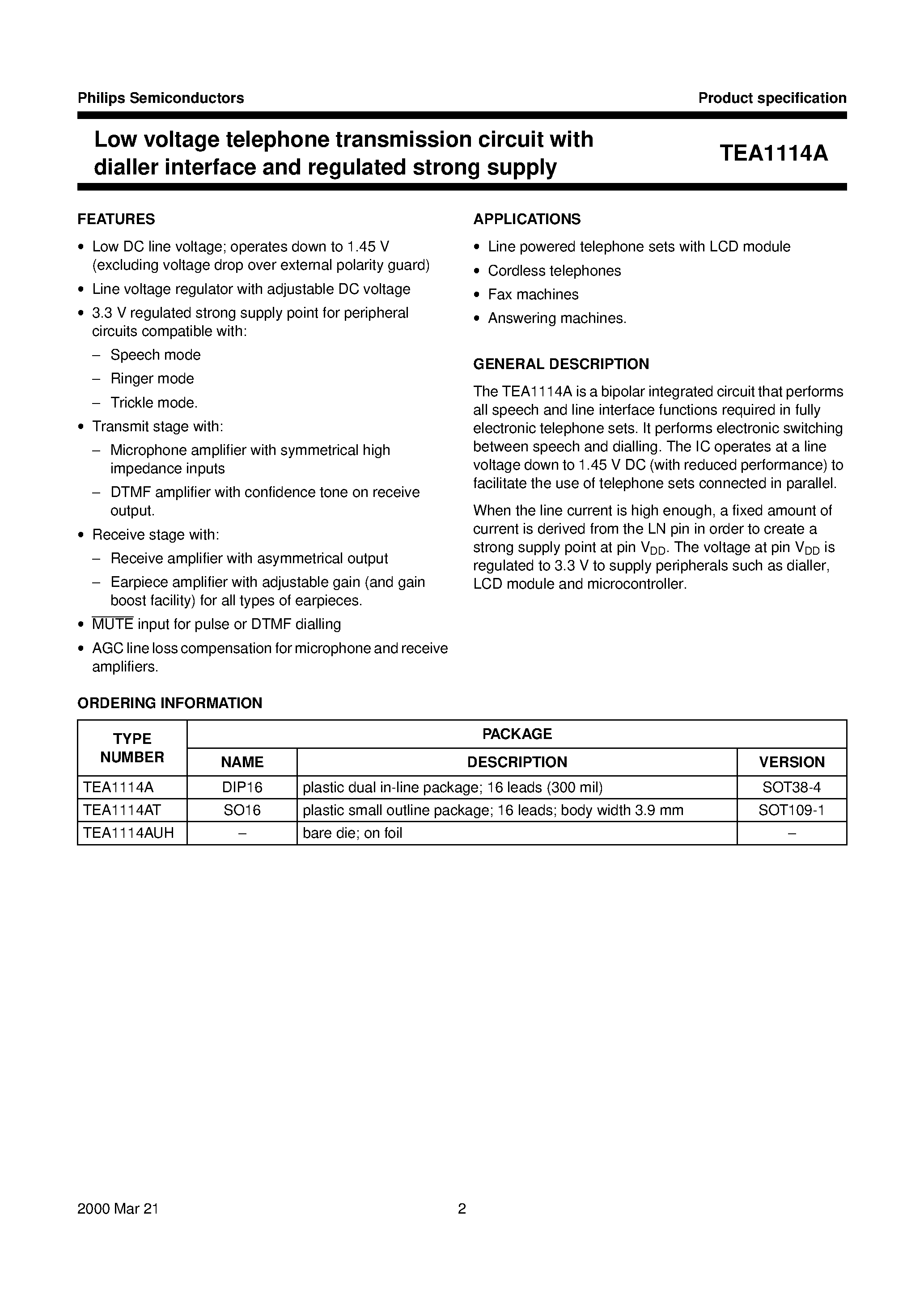Даташит TEA1114AT - Low voltage telephone transmission circuit with dialler interface and regulated strong supply страница 2
