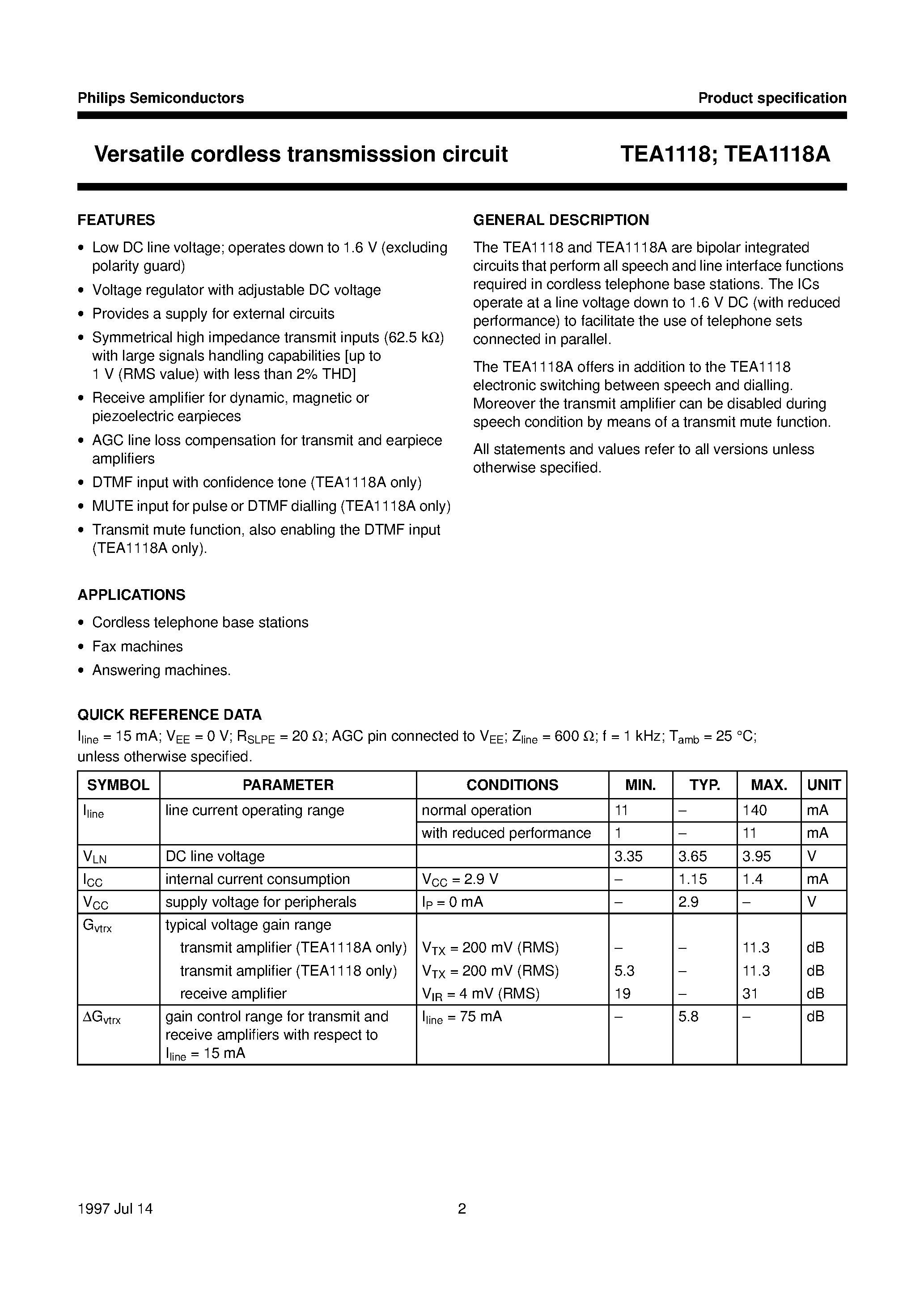 Даташит на микросхему TEA1118AM страница 2 Даташит TEA1118AM - Versatile cordless transmisssion circuit страница 2