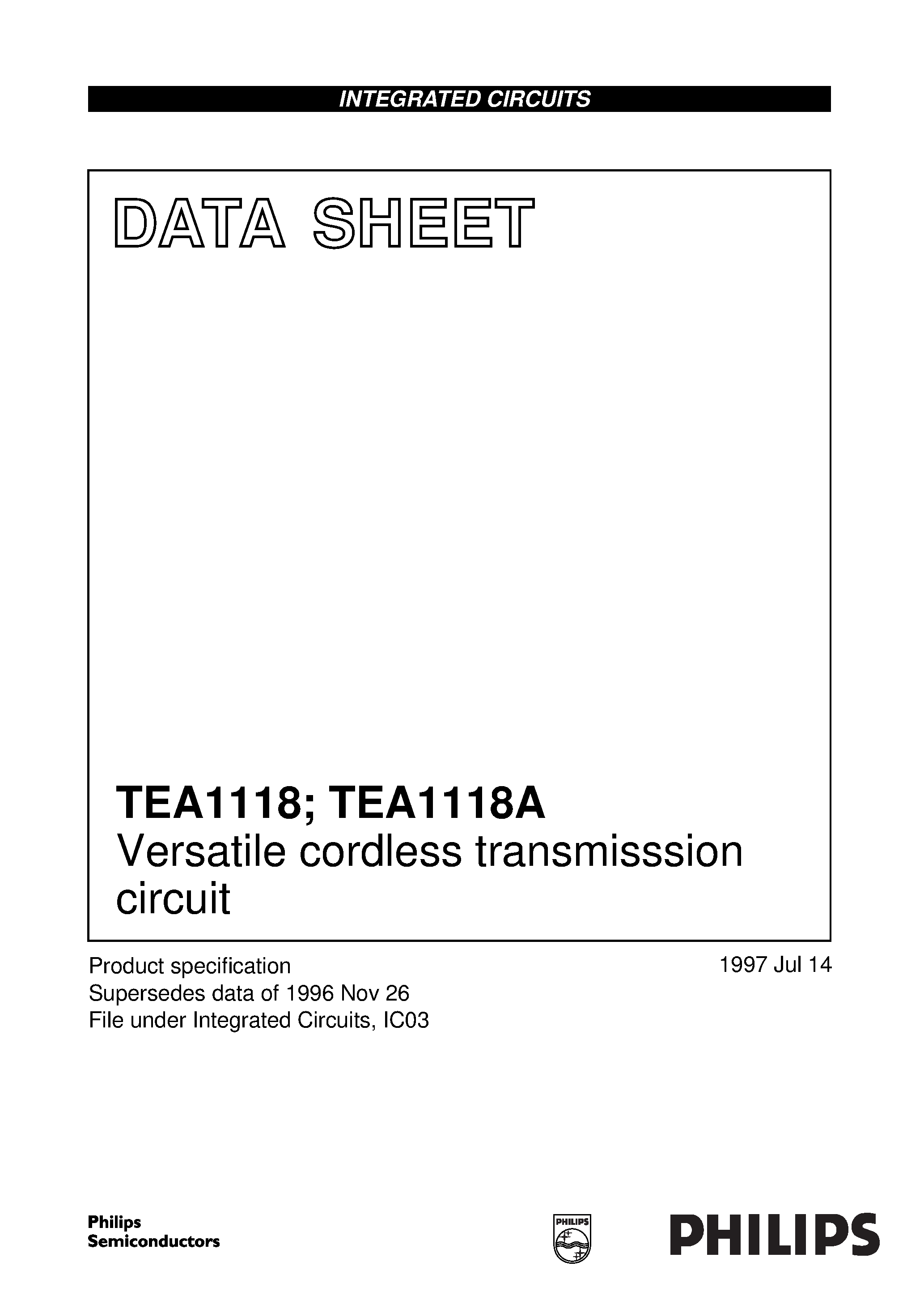 Даташит TEA1118AT - Versatile cordless transmisssion circuit страница 1