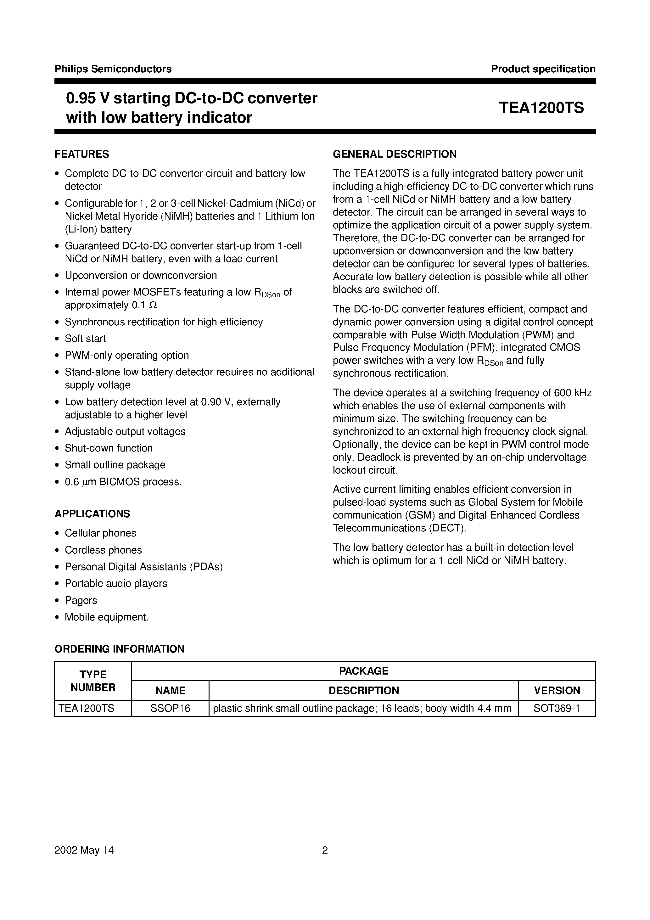 Даташит TEA1200TS - 0.95 V starting DC-to-DC converter with low battery indicator страница 2