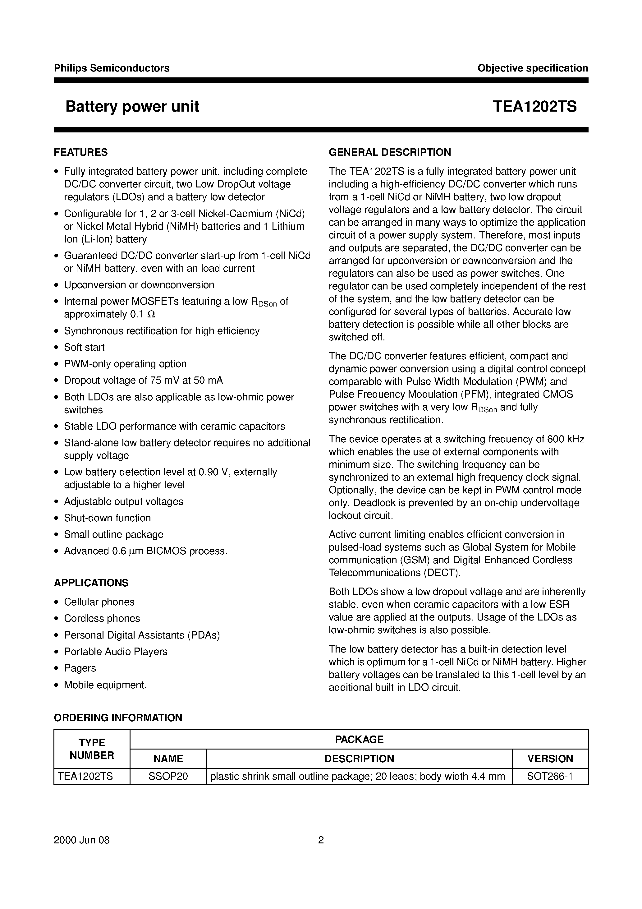 Даташит TEA1202TS - Battery power unit страница 2