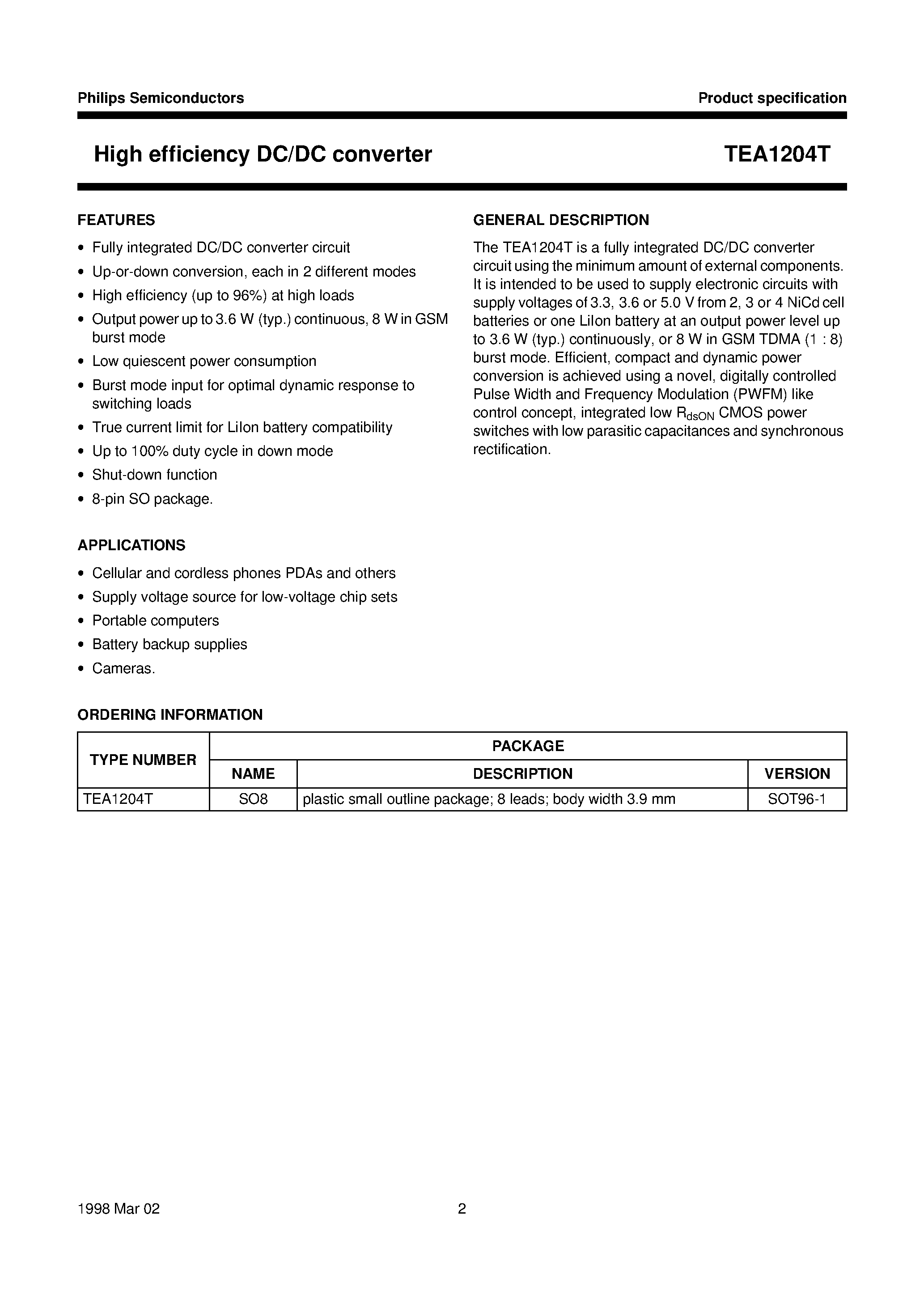 Даташит TEA1204T - High efficiency DC/DC converter страница 2