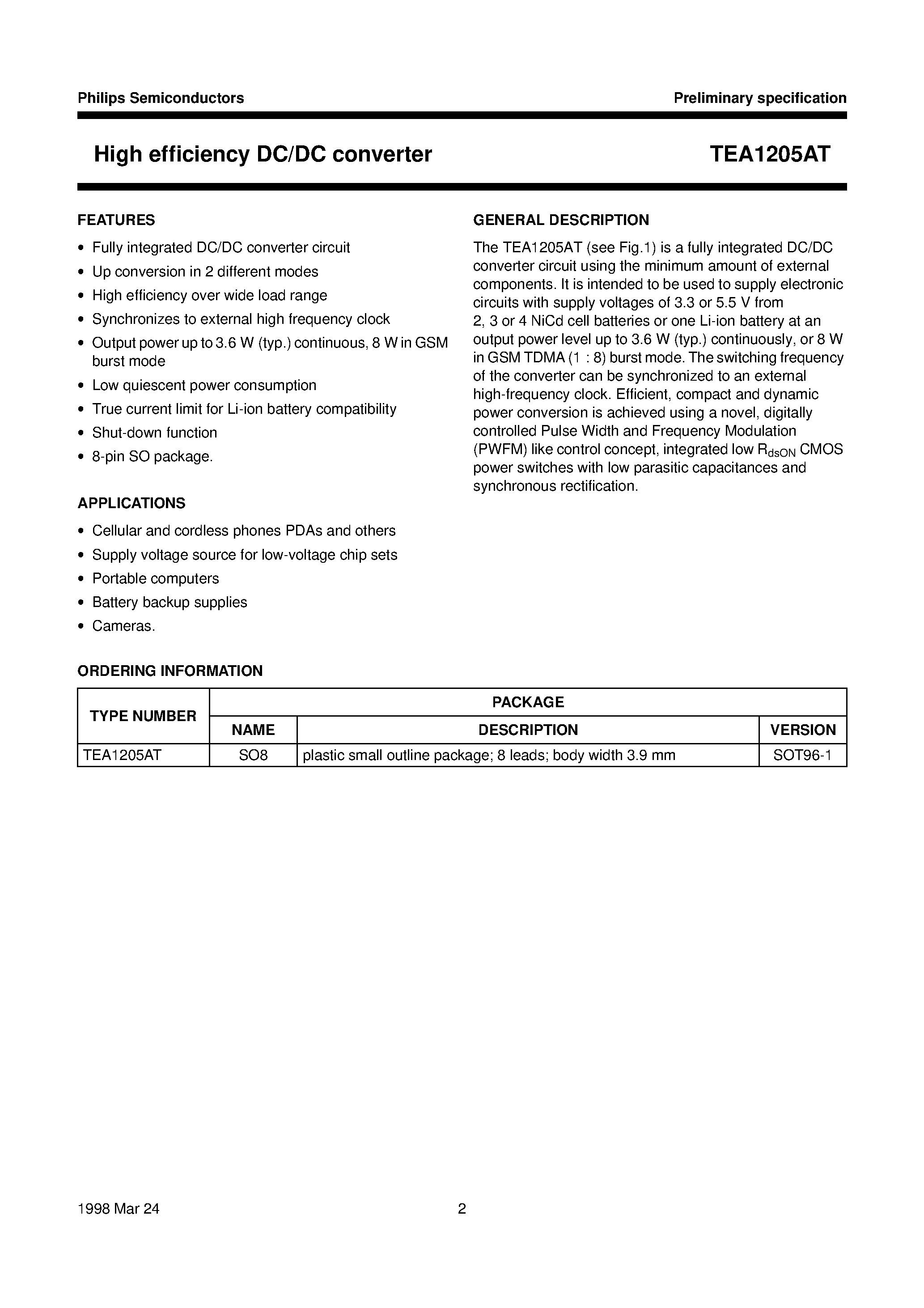 Даташит TEA1205 - High efficiency DC/DC converter страница 2