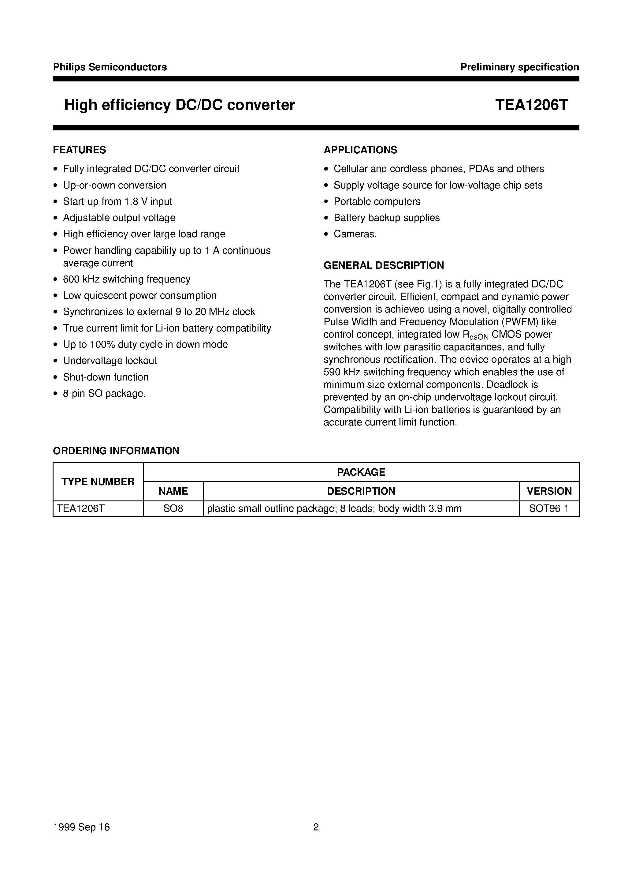 Даташит TEA1206 - High efficiency DC/DC converter страница 2