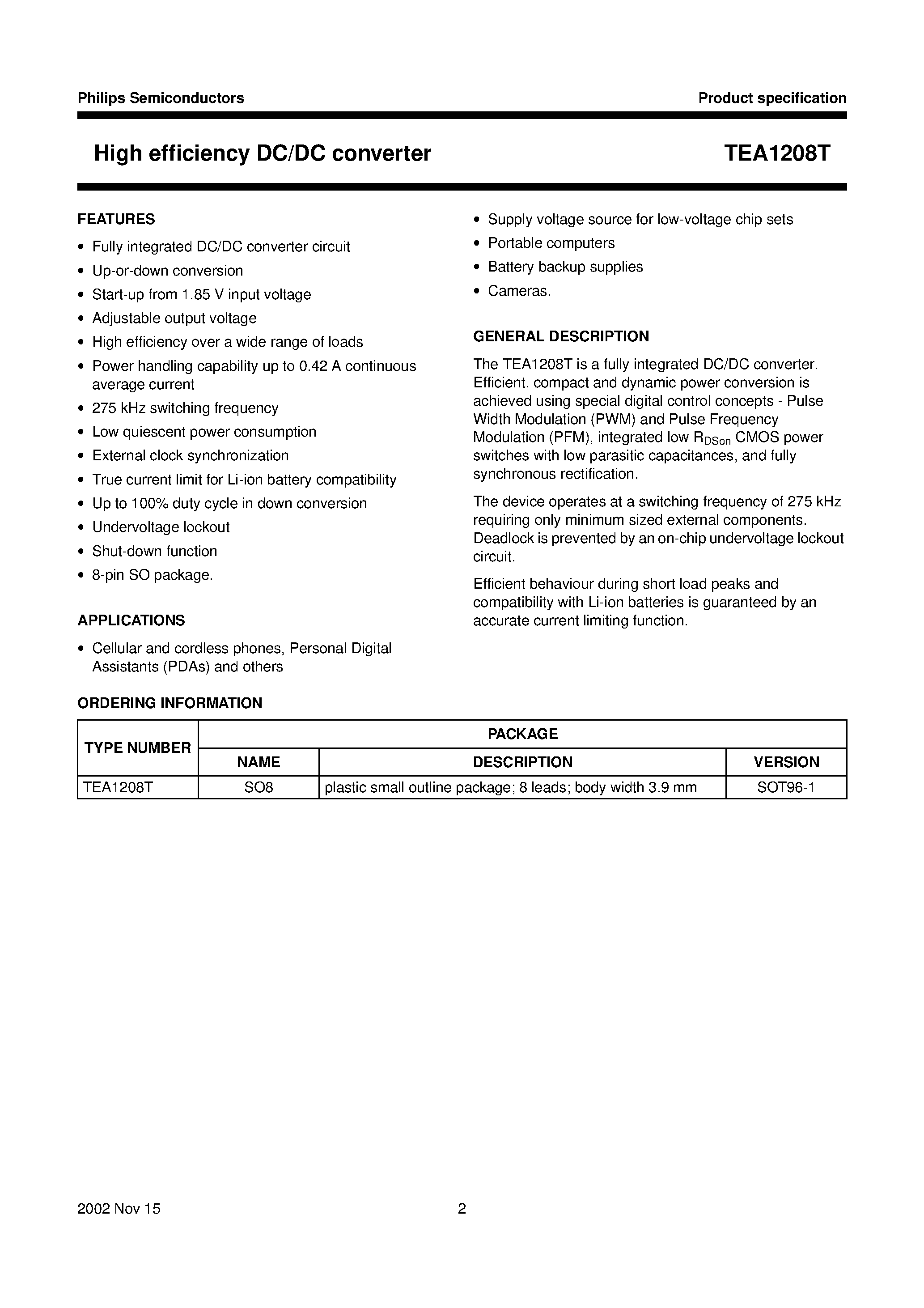 Даташит TEA1208T - High efficiency DC/DC converter страница 2