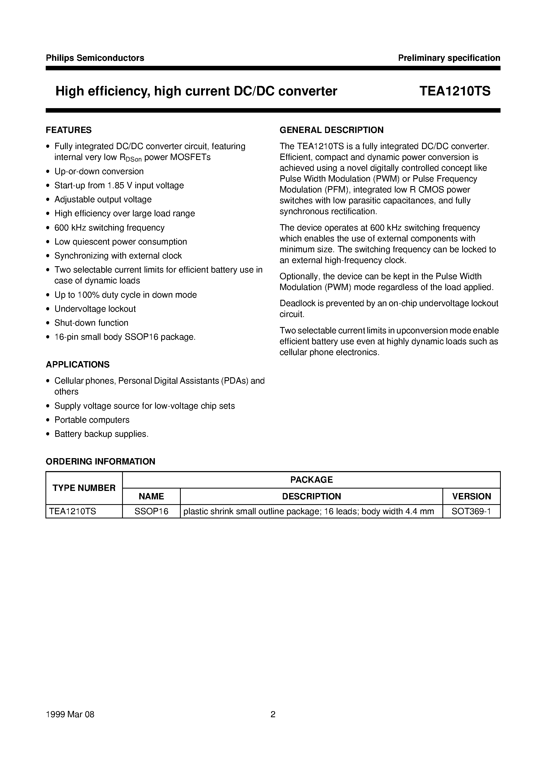 Даташит TEA1210 - High efficiency/ high current DC/DC converter страница 2