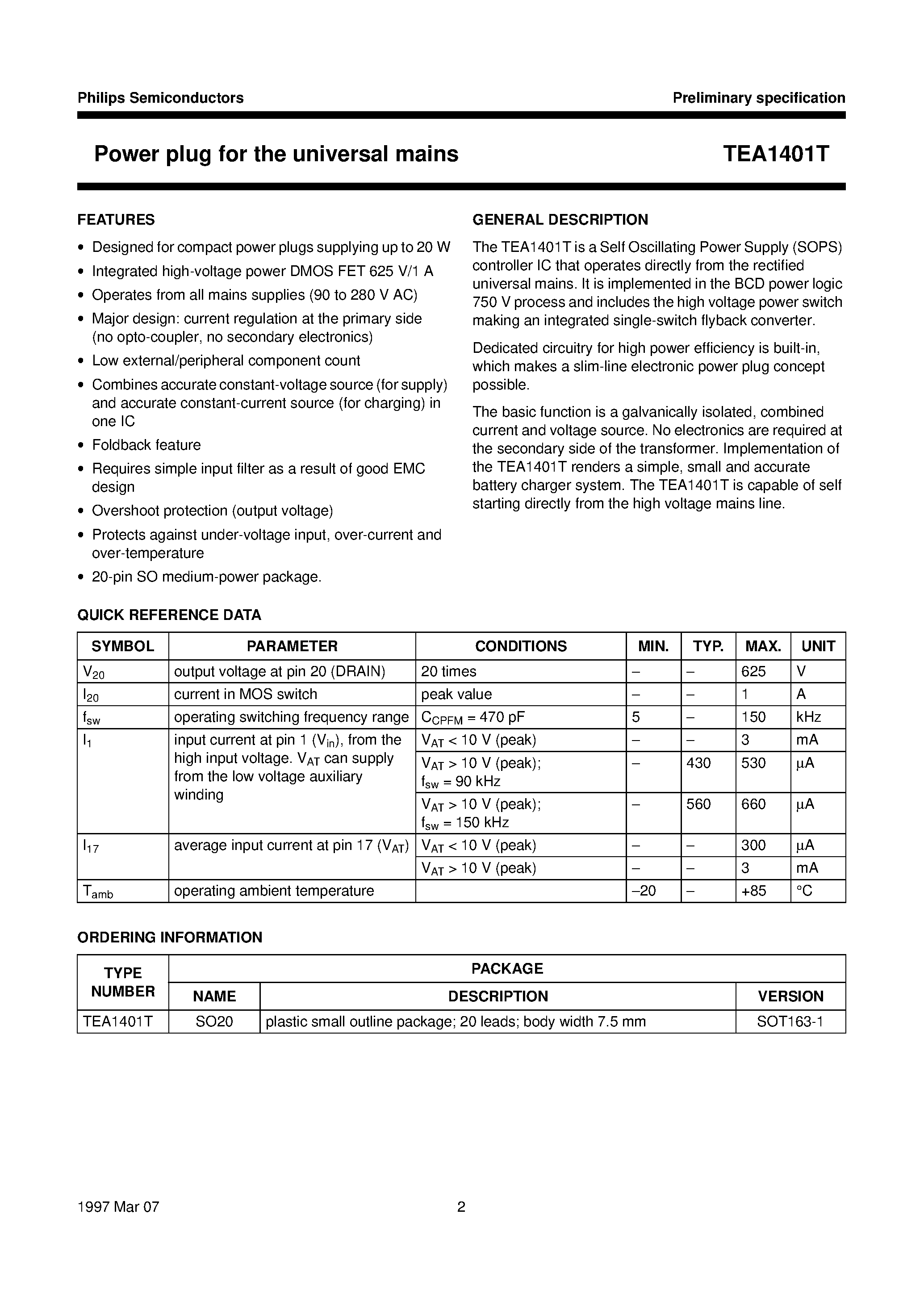 Даташит TEA1401T - Power plug for the universal mains страница 2