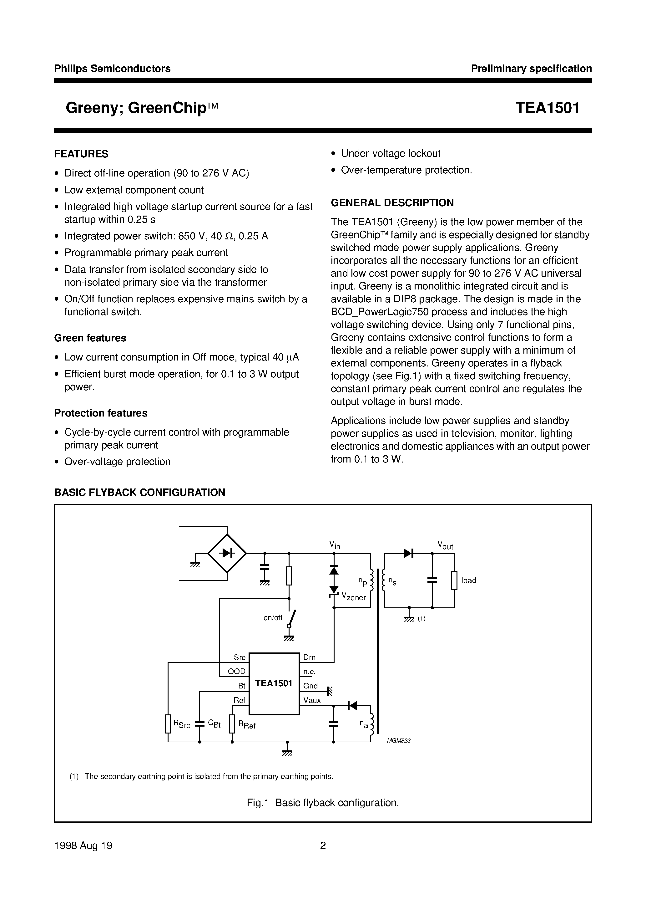 Даташит на микросхему TEA1501 страница 2 Даташит TEA1501 - Greeny; GreenChip страница 2