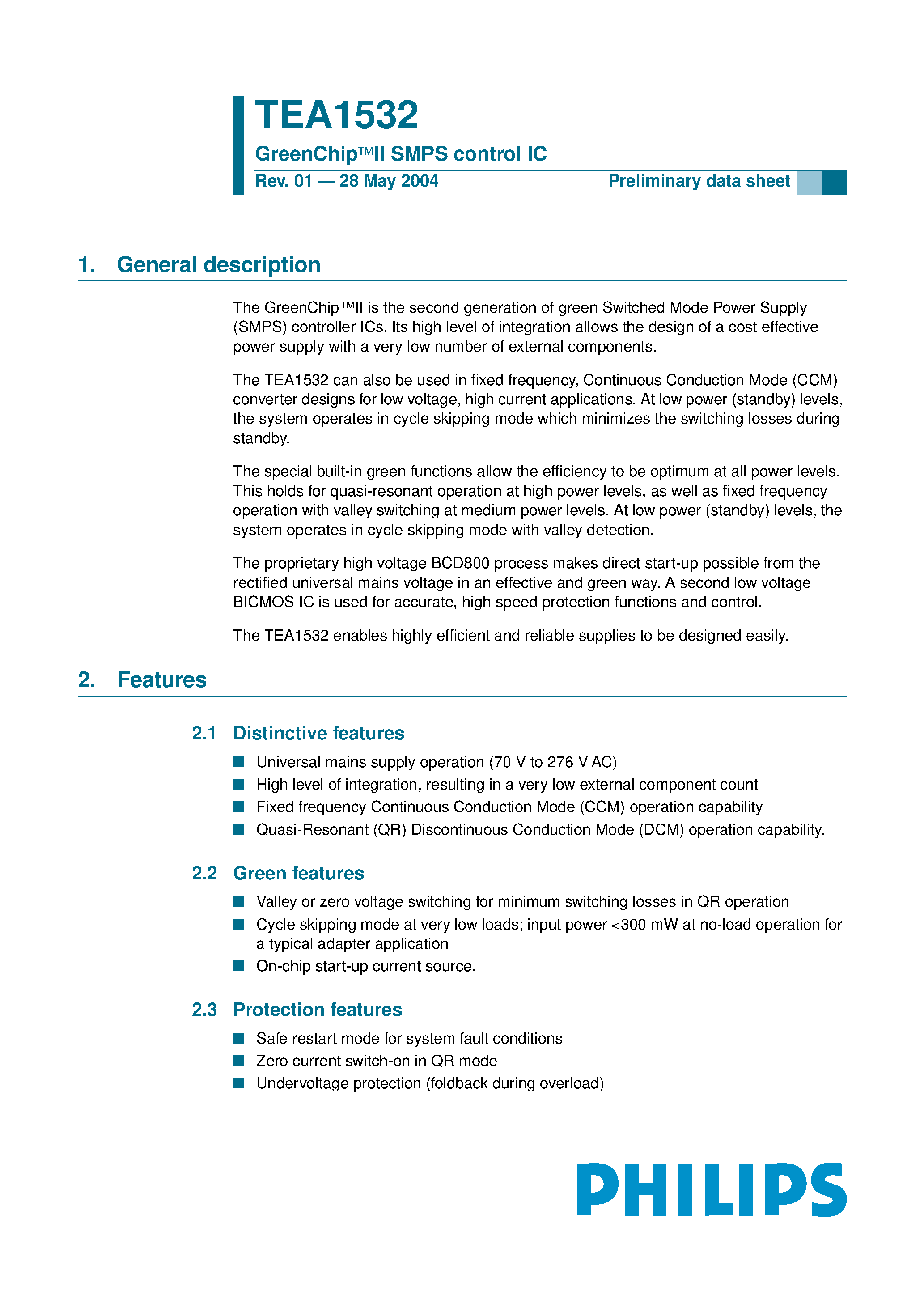 Datasheet TEA1532T - GreenChip SMPS control IC page 1