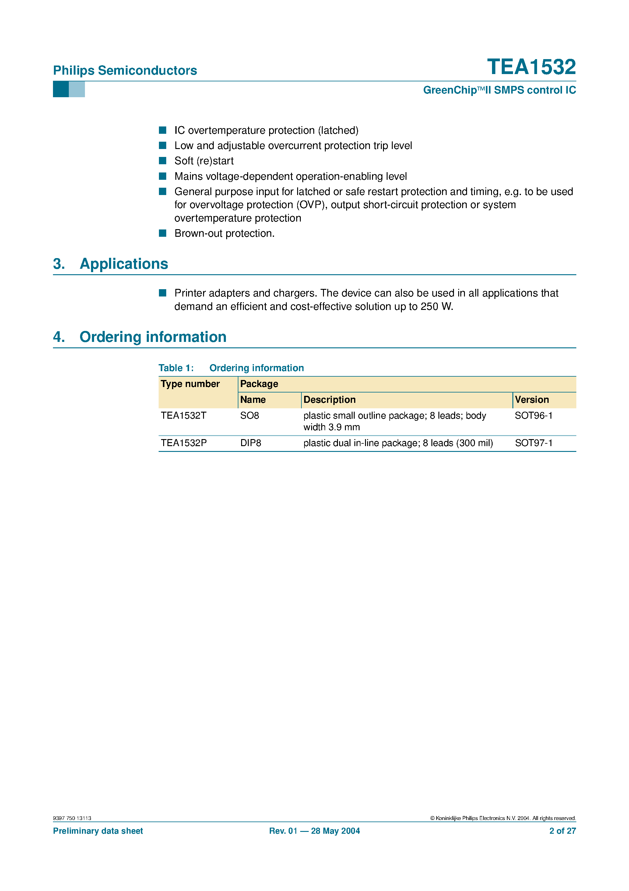 Datasheet TEA1532T - GreenChip SMPS control IC page 2