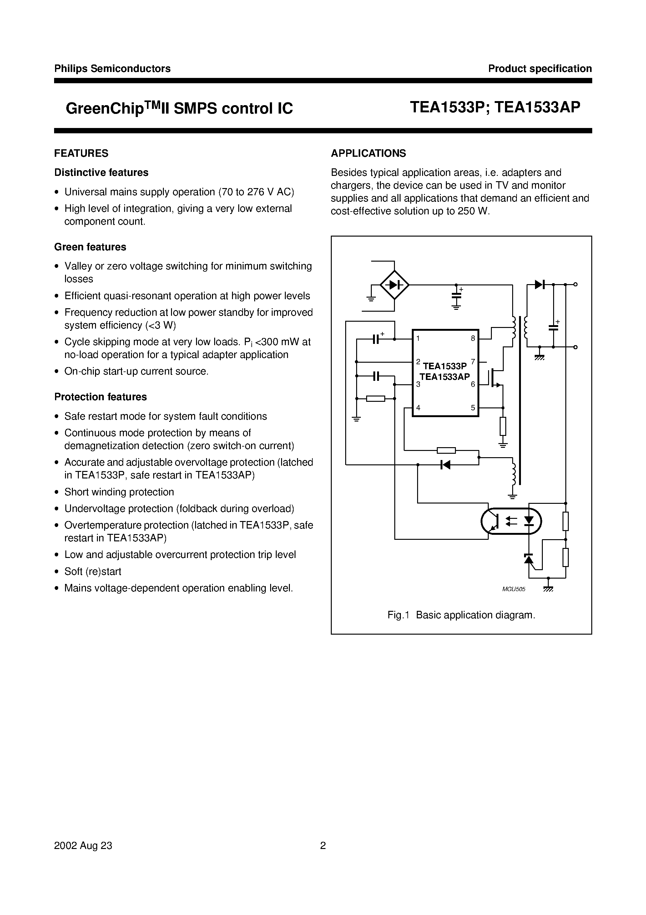 Datasheet TEA1533AP page 2 Datasheet TEA1533AP - GreenChip SMPS control IC page 2