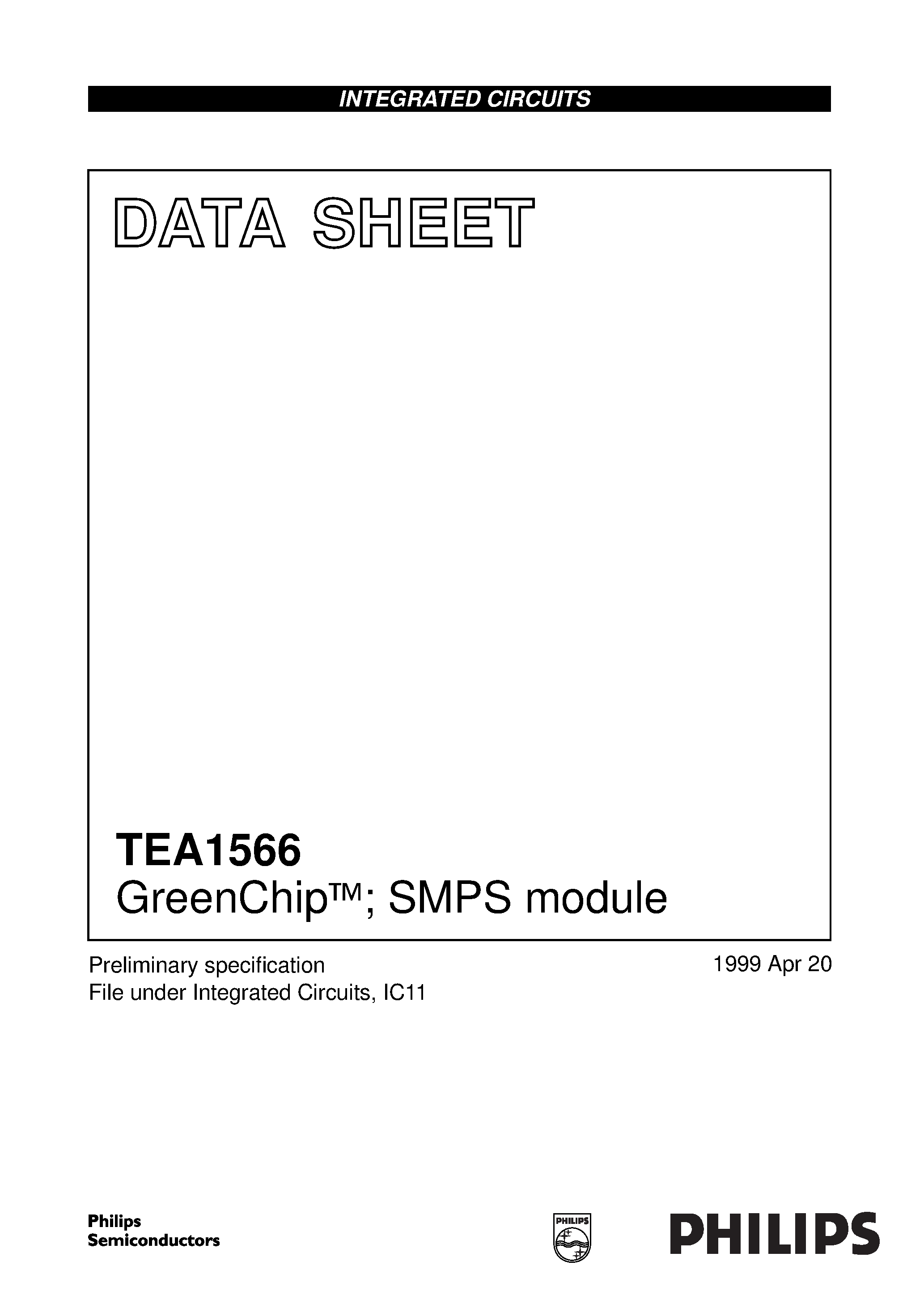Datasheet TEA1566S page 1 Datasheet TEA1566S - GreenChip; SMPS module page 1