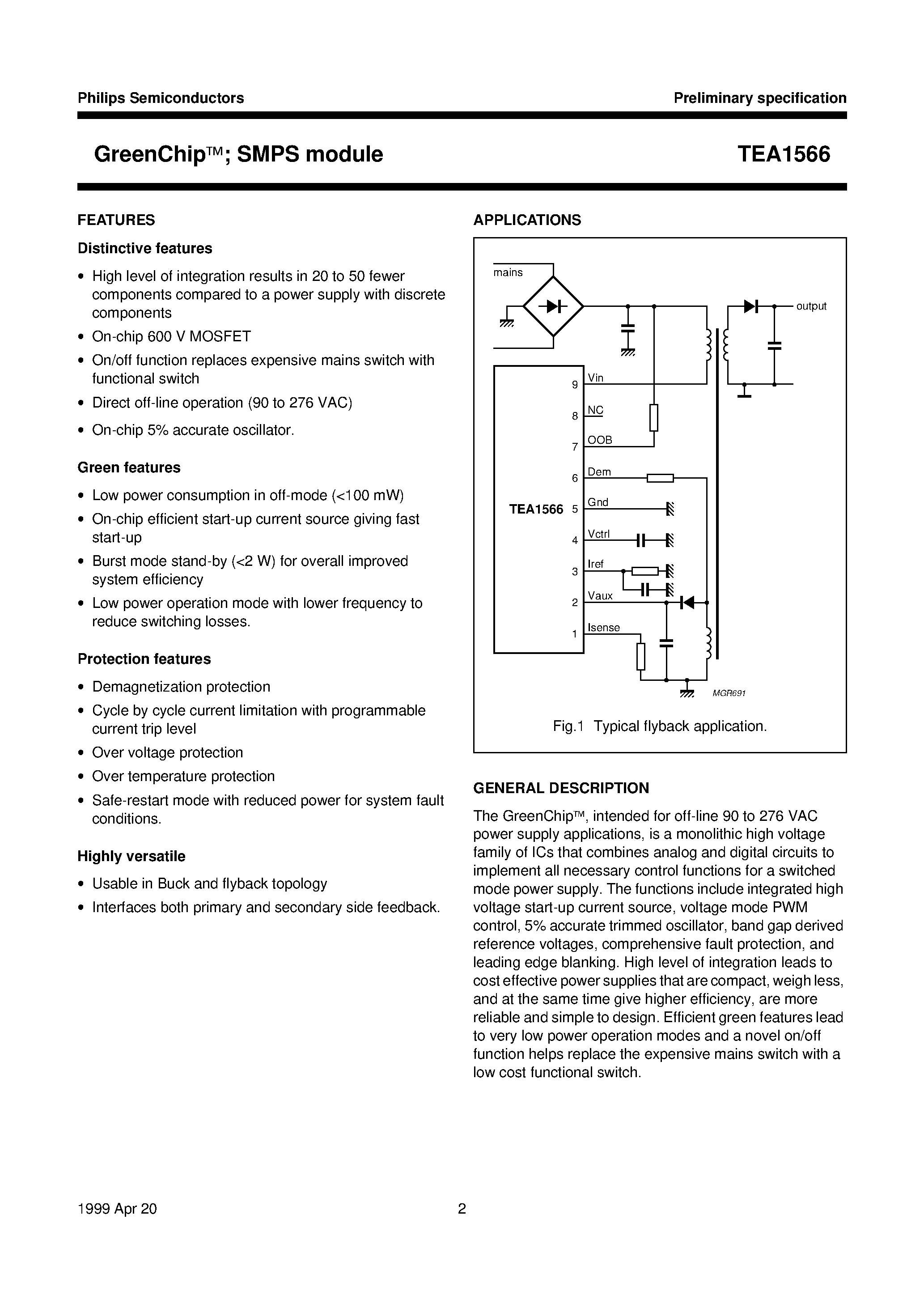 Datasheet TEA1566S page 2 Datasheet TEA1566S - GreenChip; SMPS module page 2