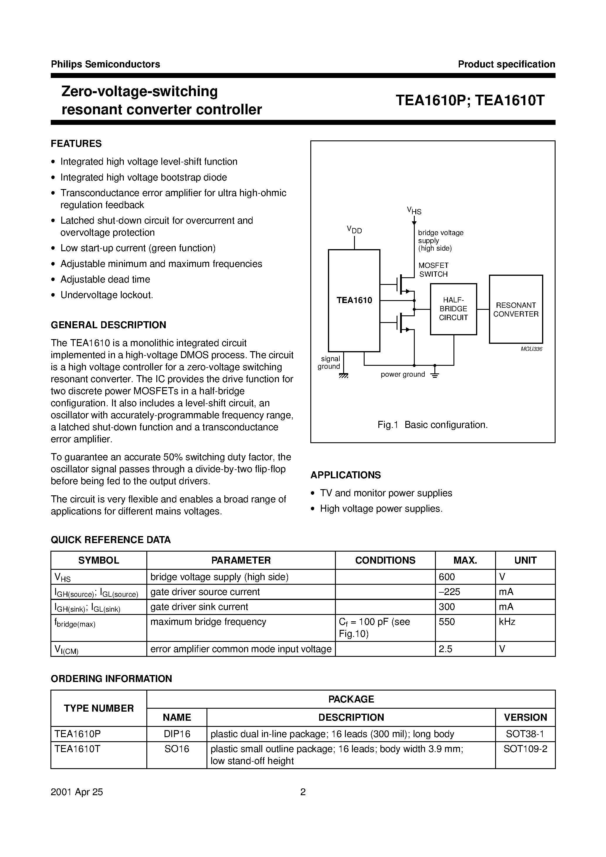 Даташит TEA1610 - Zero-voltage-switching resonant converter controller страница 2