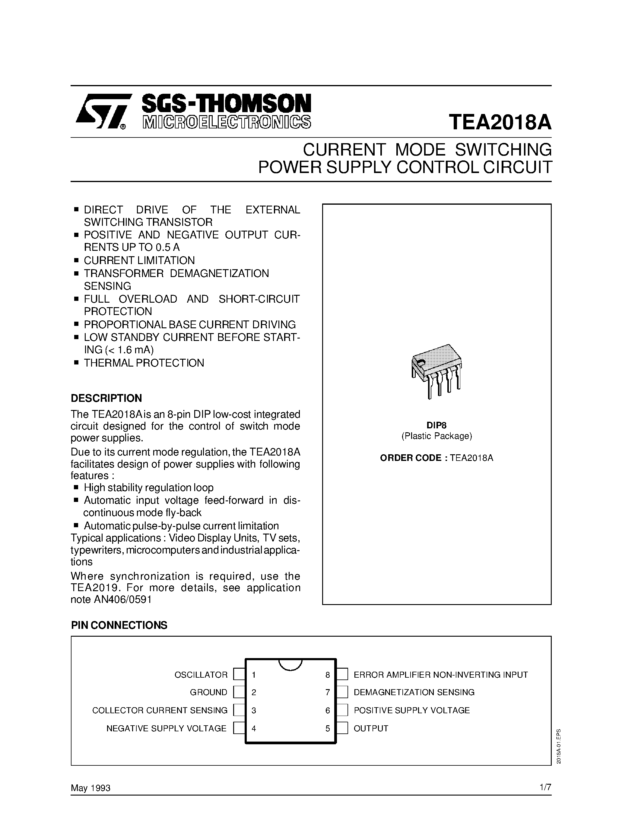Даташит на микросхему TEA2018 страница 1 Даташит TEA2018 - CURRENT MODE SWITCHING POWER SUPPLY CONTROL CIRCUIT страница 1