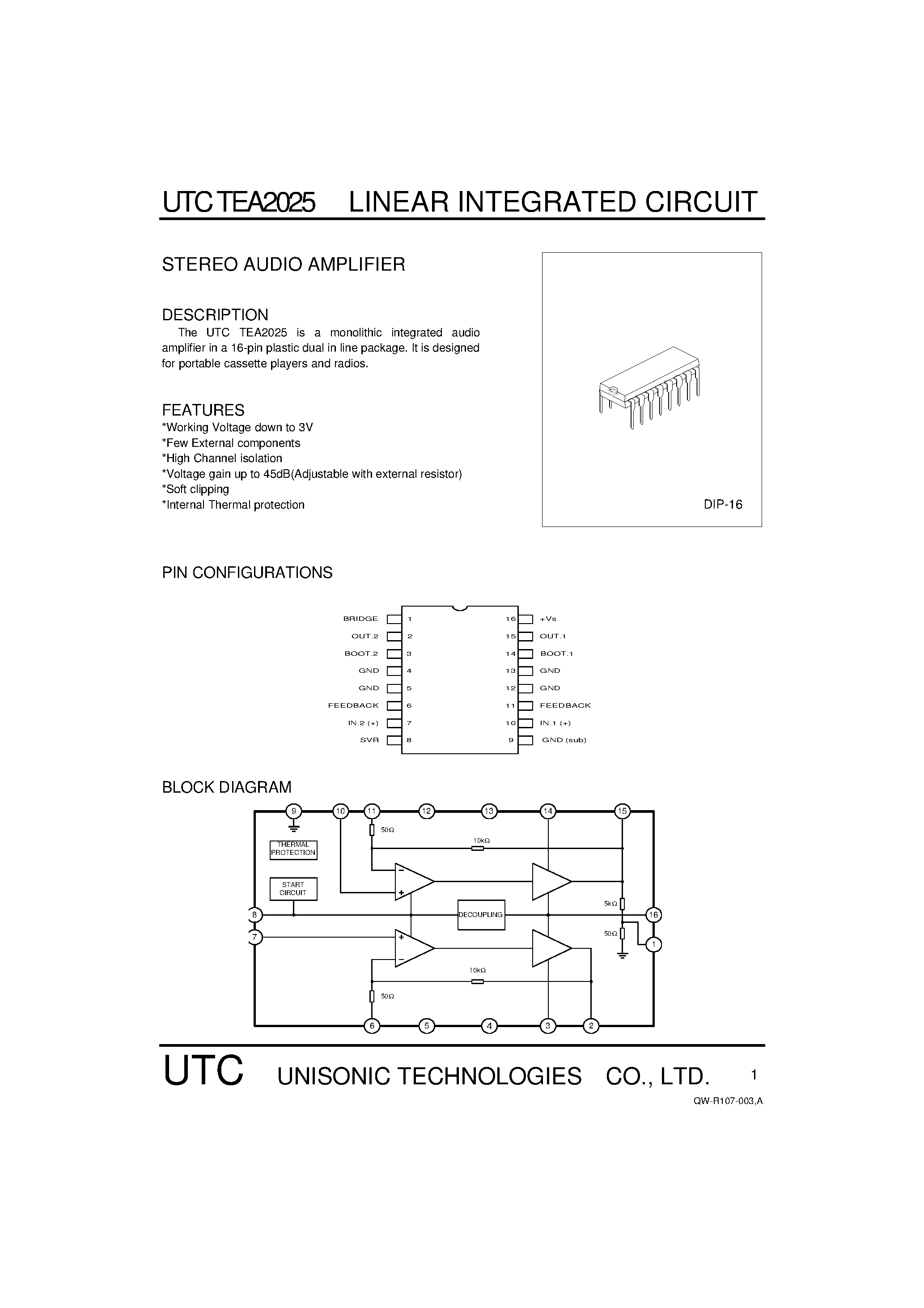 Даташит TEA2025 - STEREO AUDIO AMPLIFIER страница 1