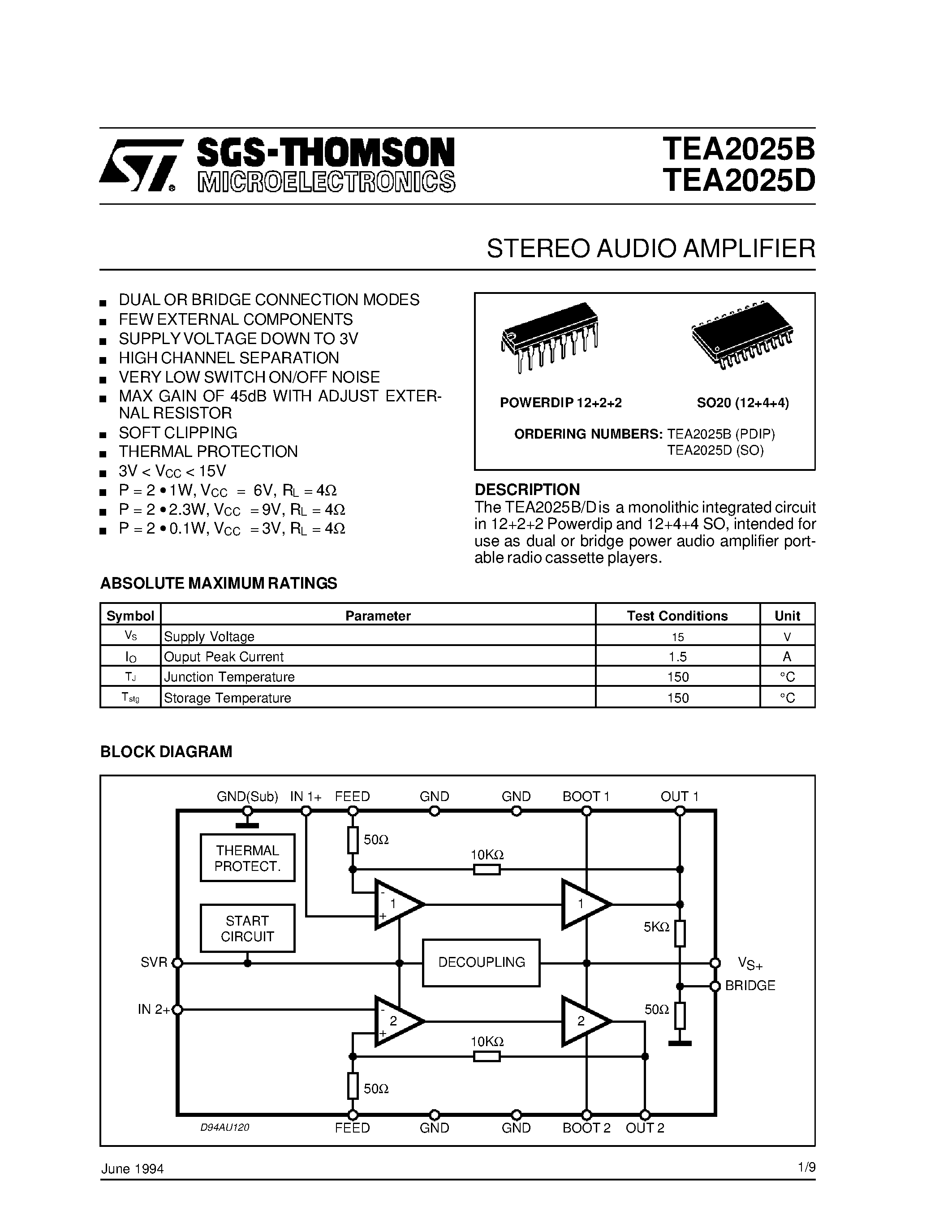 Даташит TEA2025D - STEREO AUDIO AMPLIFIER страница 1