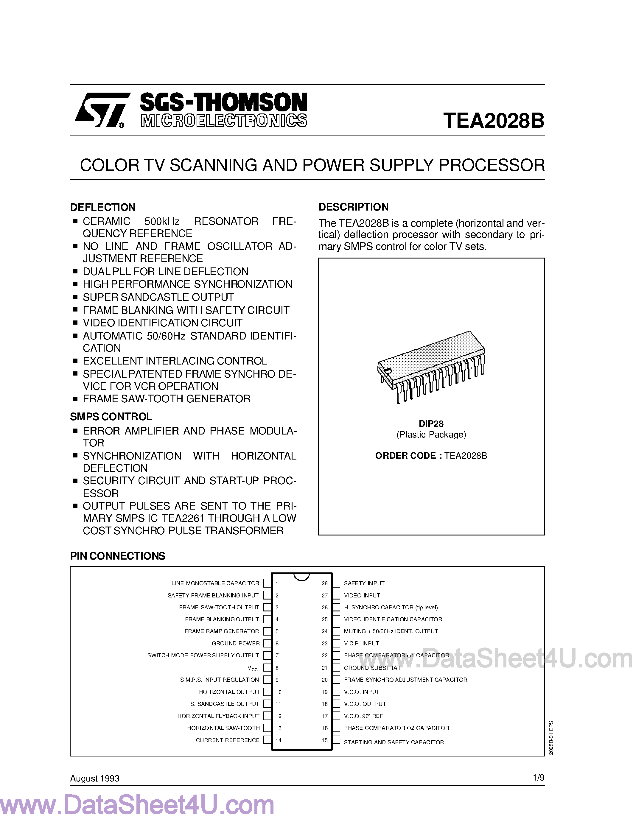Даташит TEA2028B - SWITCH MODE POWER SUPPLY PRIMARY CIRCUIT страница 1