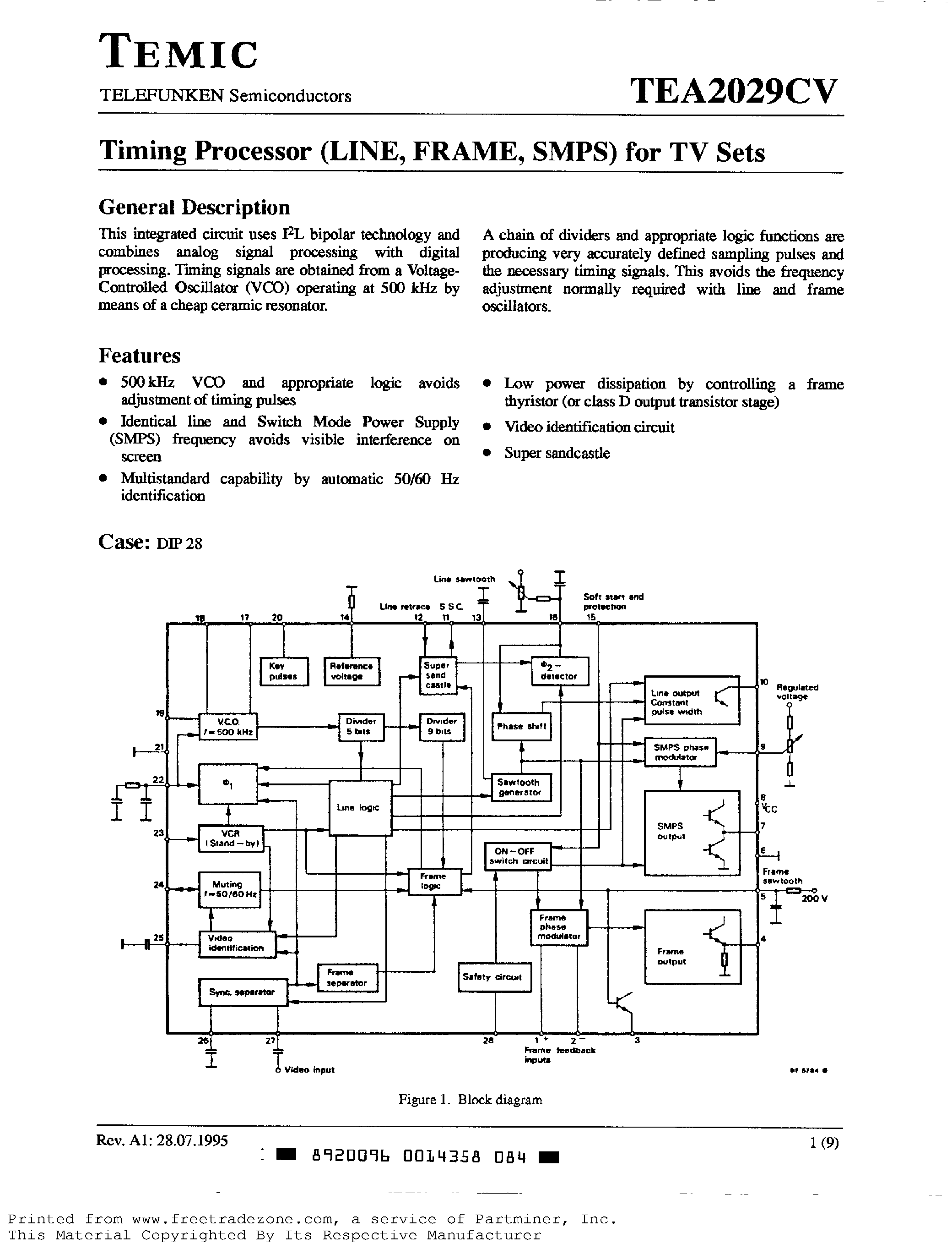 Datasheet TEA2029CV page 1 Datasheet TEA2029CV - Timing Processor (LINE/ FRAME/ SMPS) for TV Sets page 1