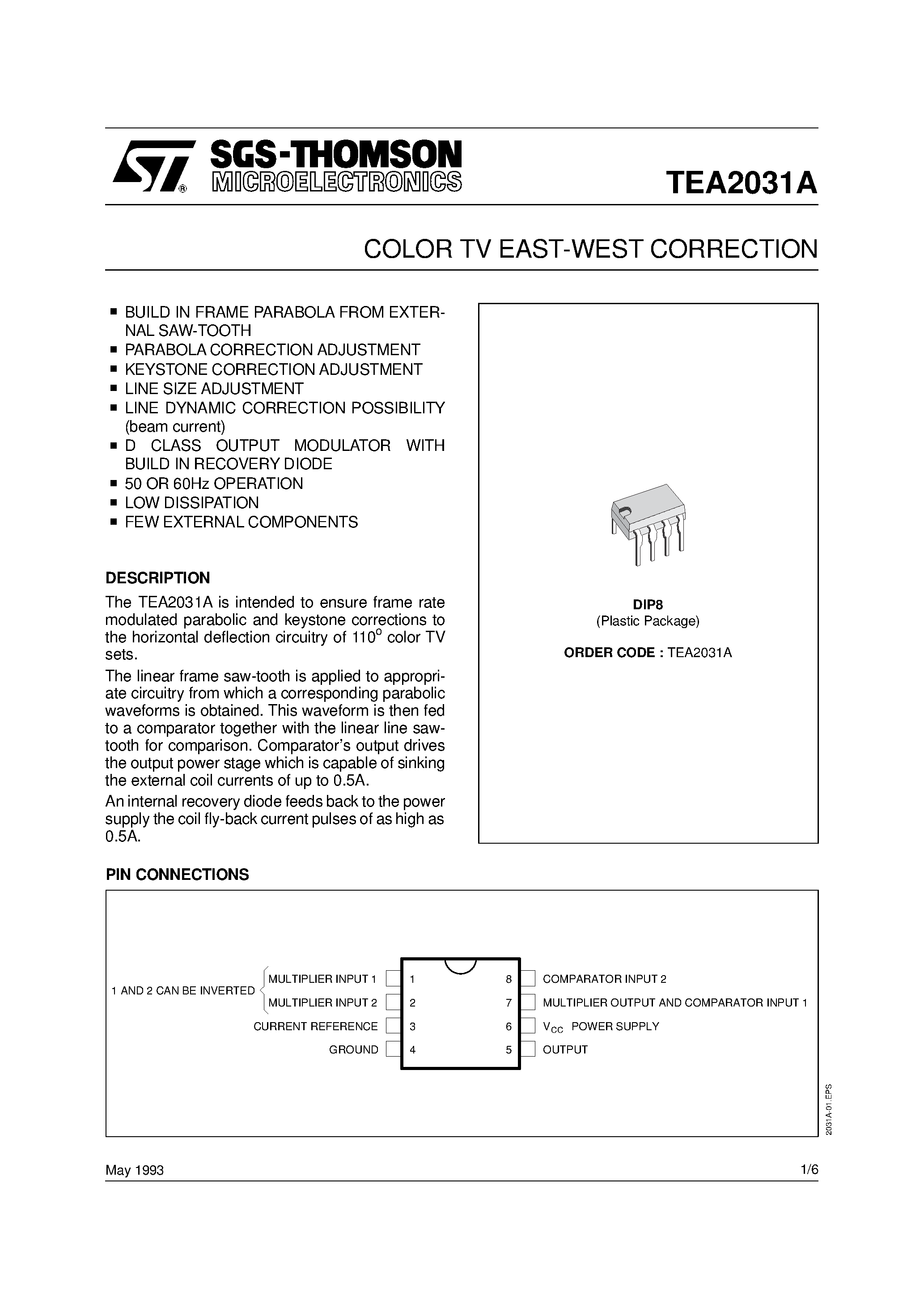 Даташит TEA2031A - COLOR TV EAST-WEST CORRECTION страница 1