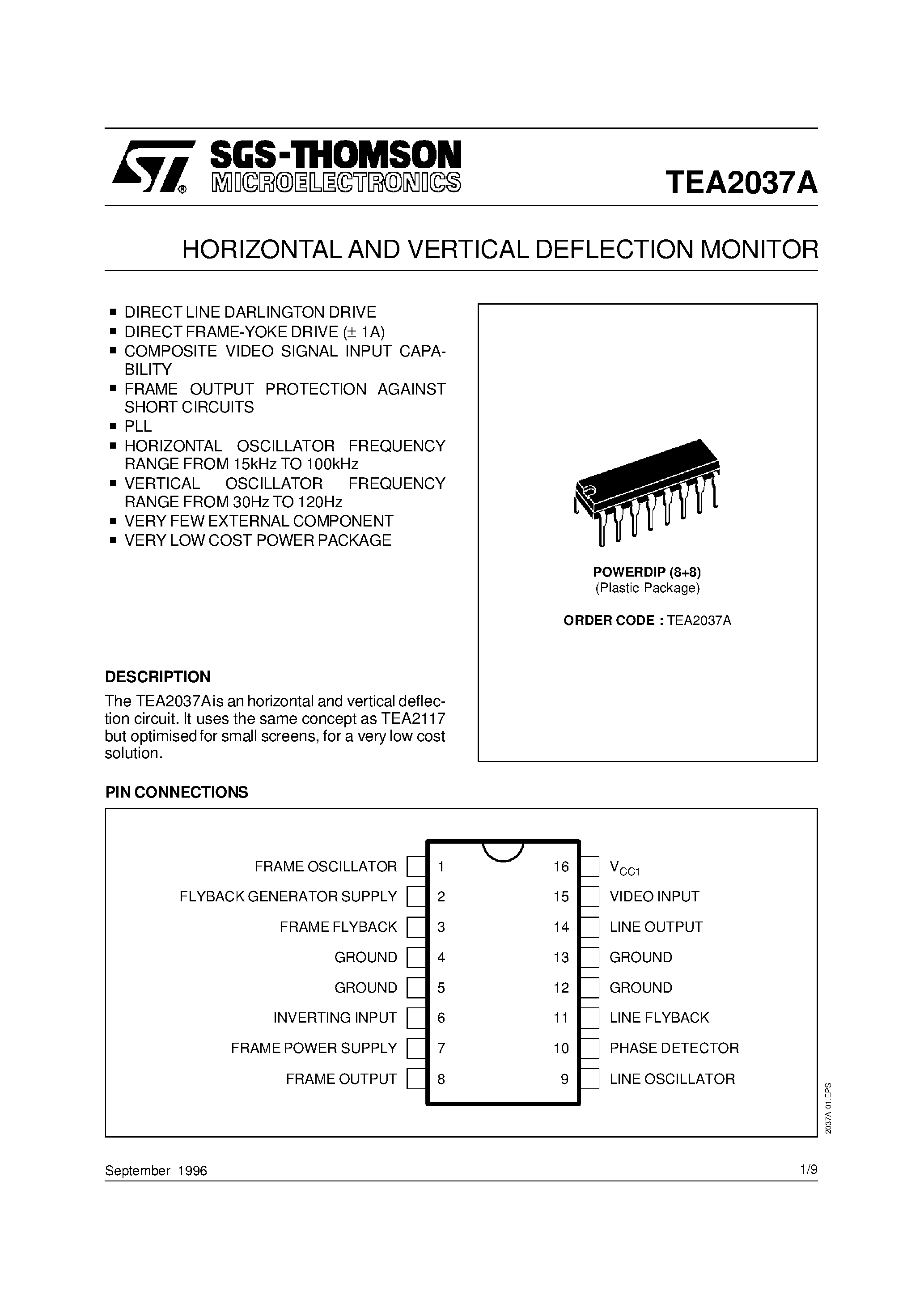 Даташит на микросхему TEA2037 страница 1 Даташит TEA2037 - HORIZONTAL AND VERTICAL DEFLECTION MONITOR страница 1