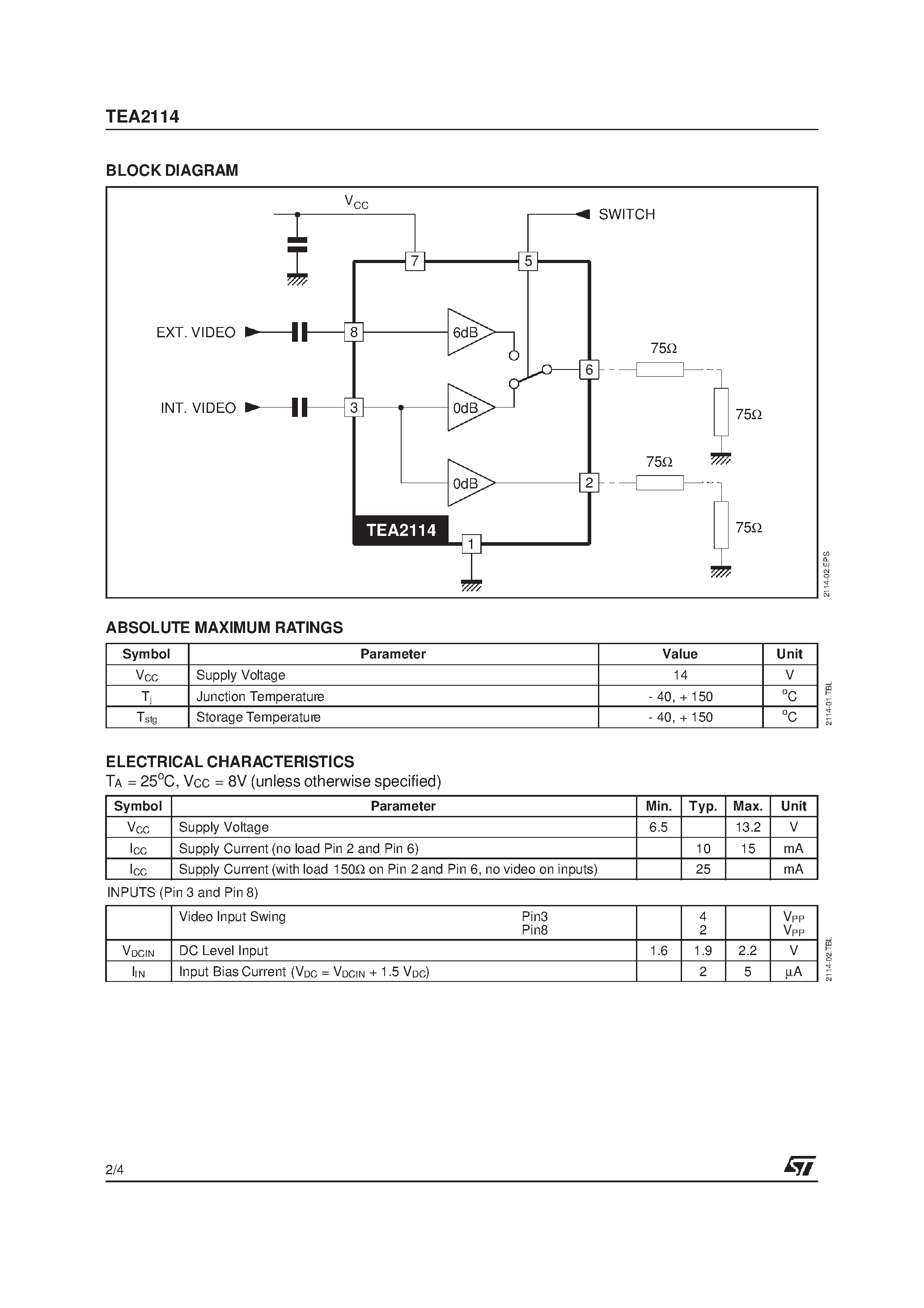 Даташит на микросхему TEA2114 страница 2 Даташит TEA2114 - VIDEO SWITCH страница 2