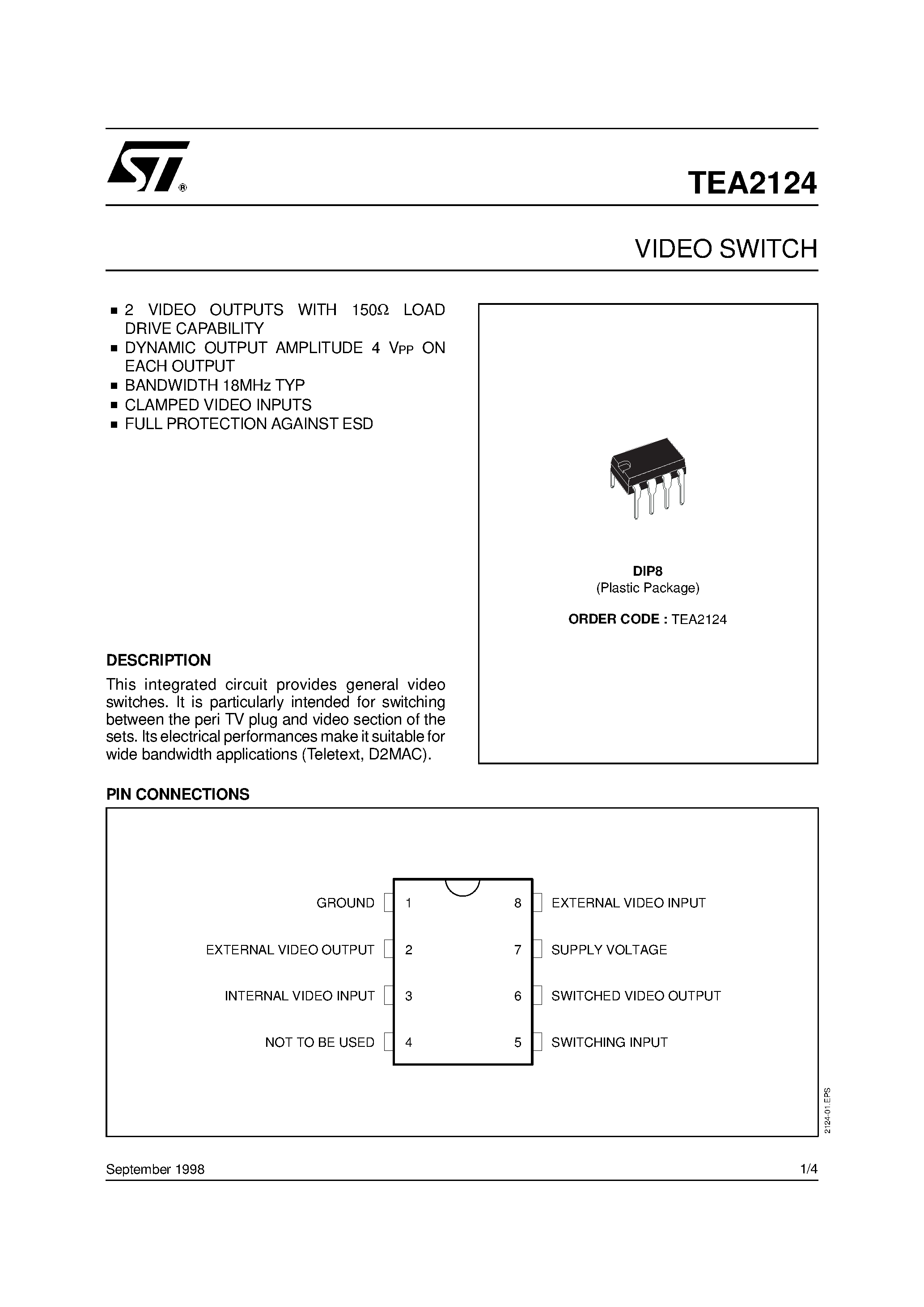 Даташит на микросхему TEA2124 страница 1 Даташит TEA2124 - VIDEO SWITCH страница 1