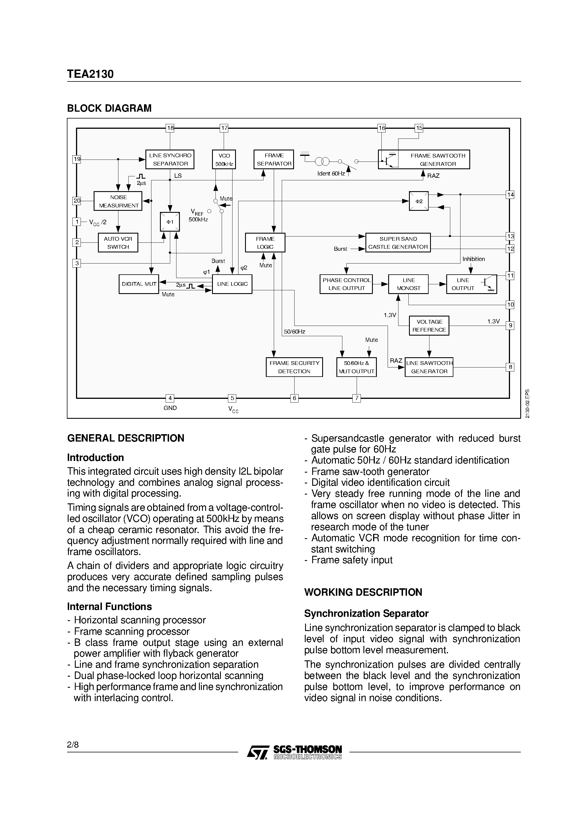Даташит TEA2130 - TV AND SATELLITE DECODER SCANNING PROCESSOR страница 2