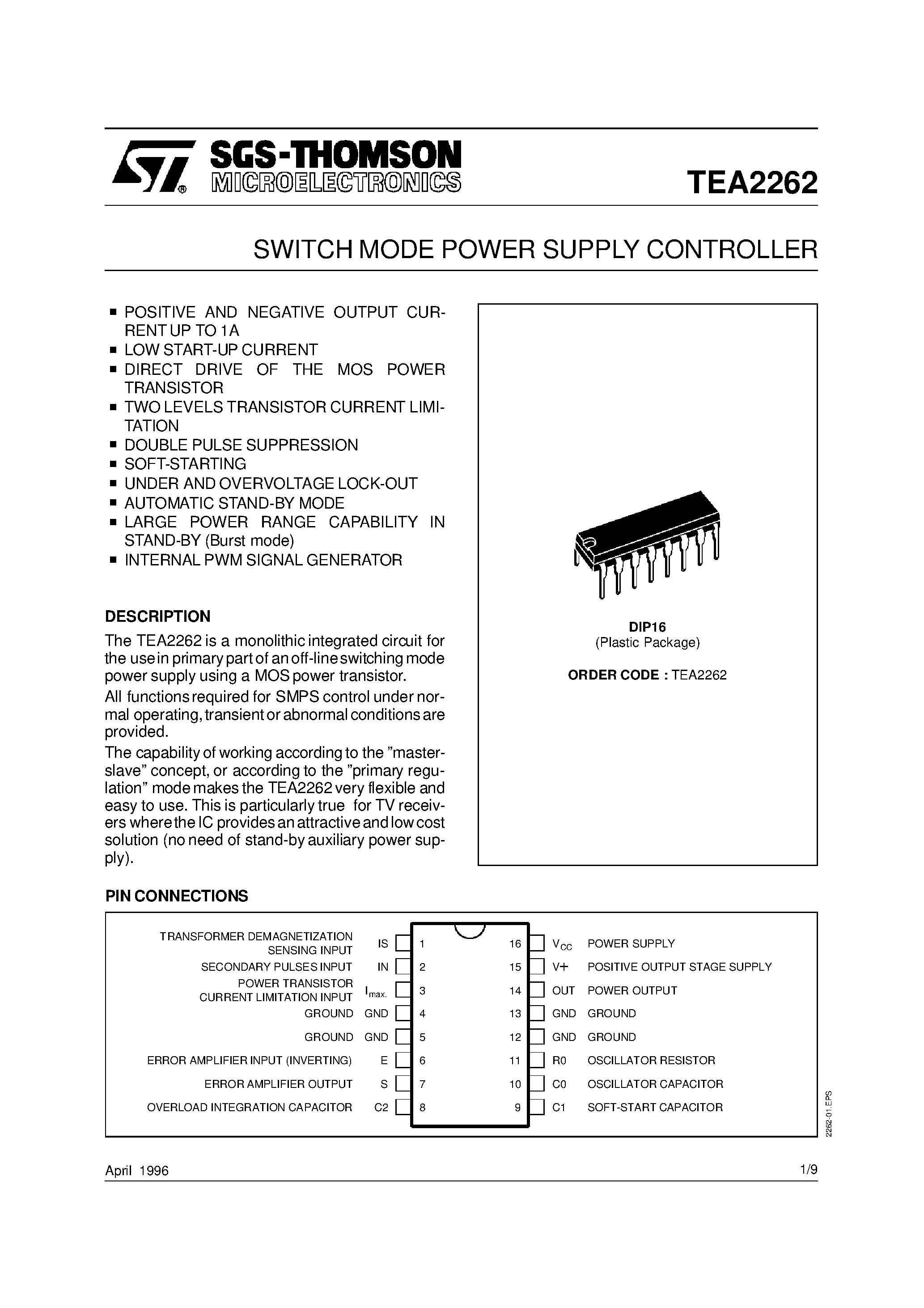 Datasheet TEA2262 - SWITCH MODE POWER SUPPLY CONTROLLER page 1
