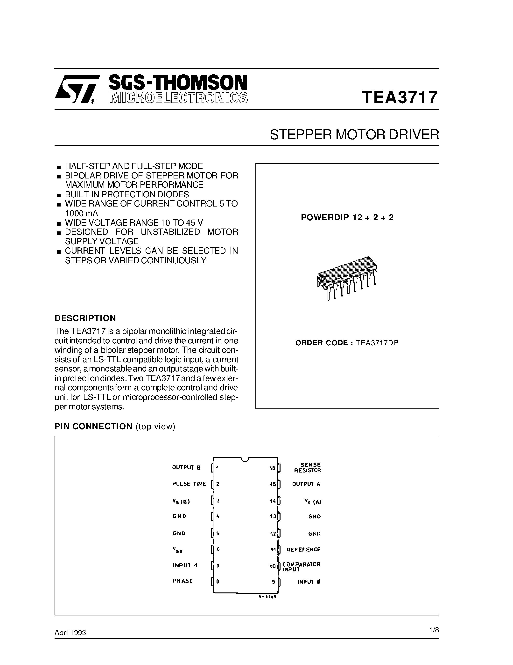 Даташит TEA3717 - STEPPER MOTOR DRIVER страница 1