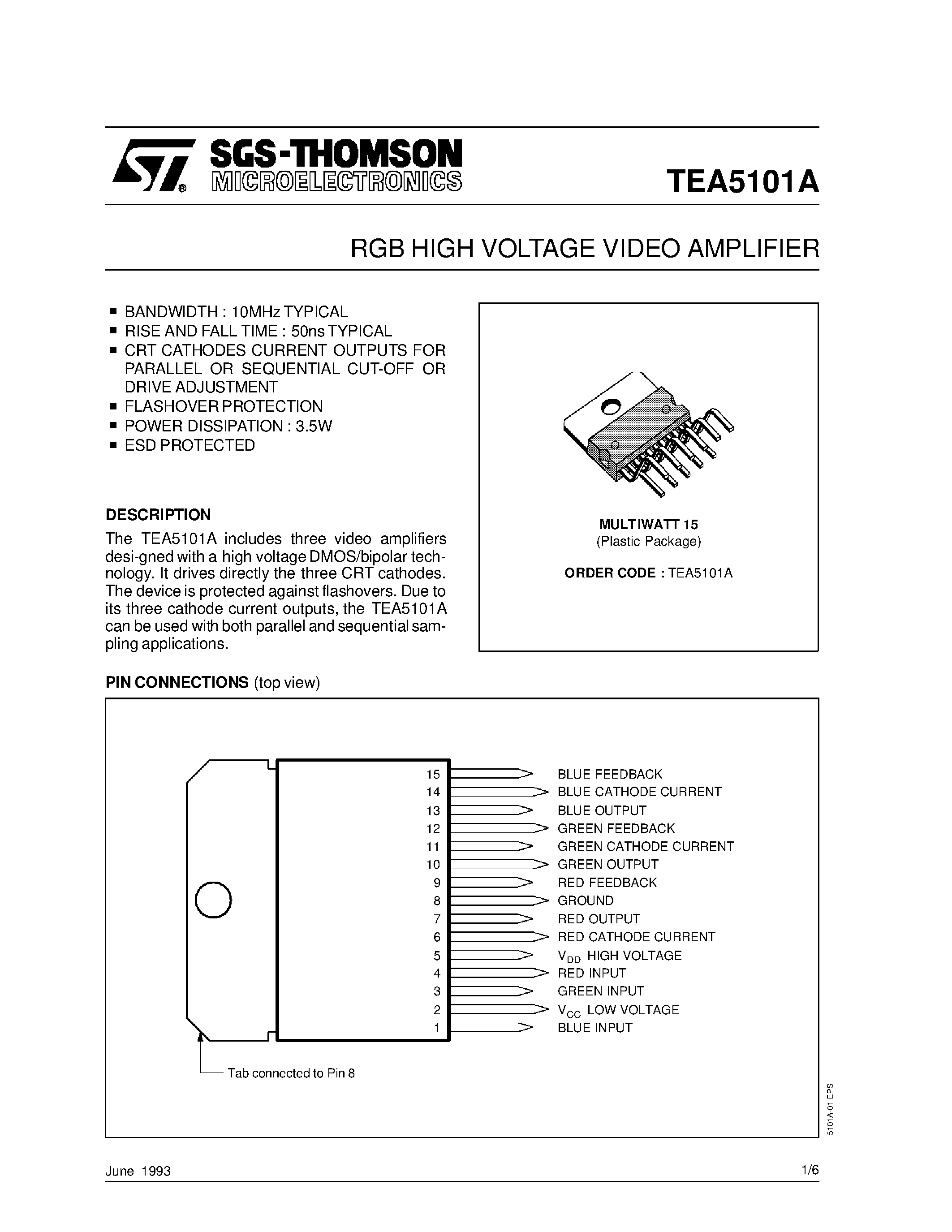 Даташит на микросхему TEA5101A страница 1 Даташит TEA5101A - RGB HIGH VOLTAGE VIDEO AMPLIFIER страница 1