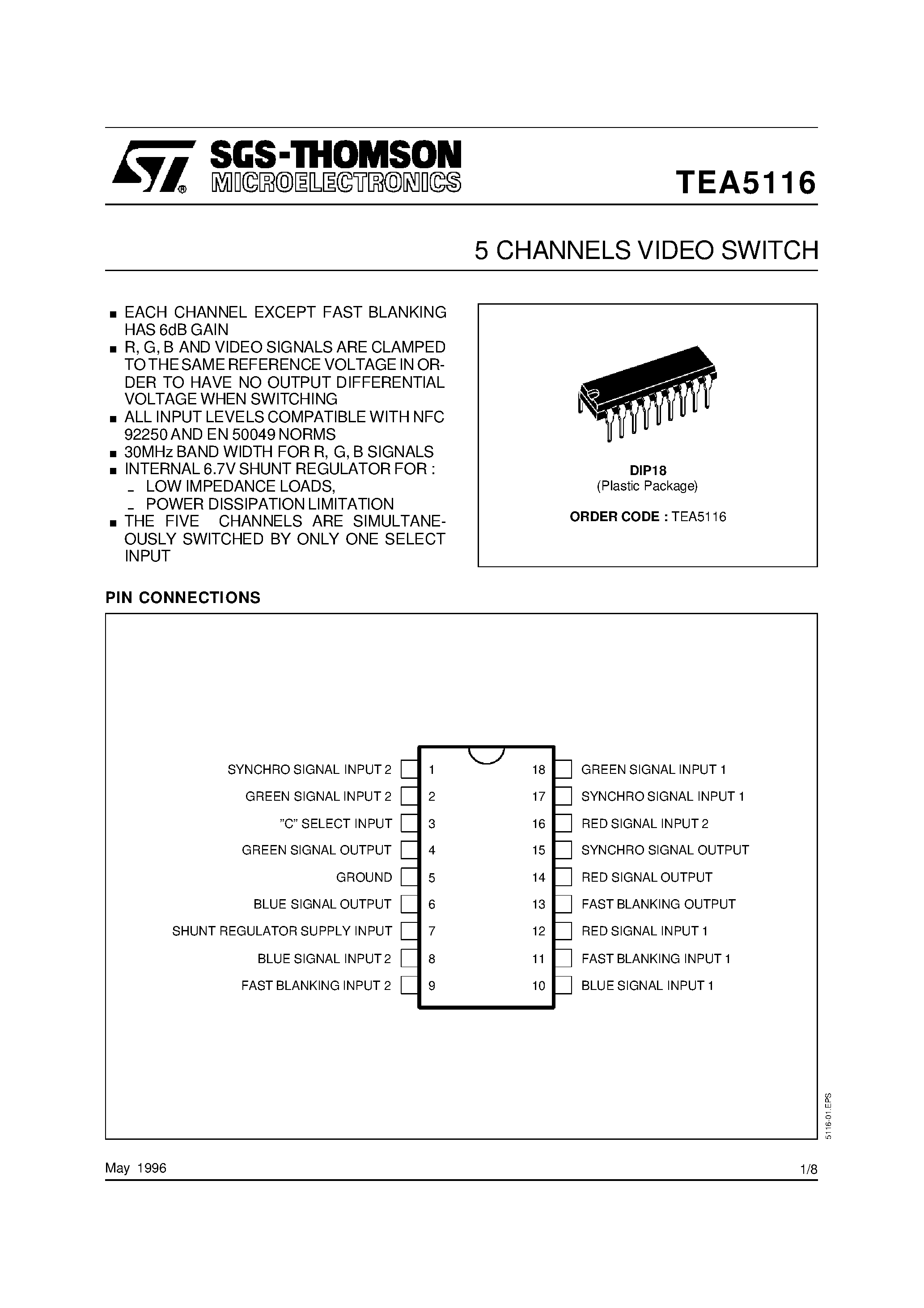 Datasheet TEA5116 - 5 CHANNELS VIDEO SWITCH page 1