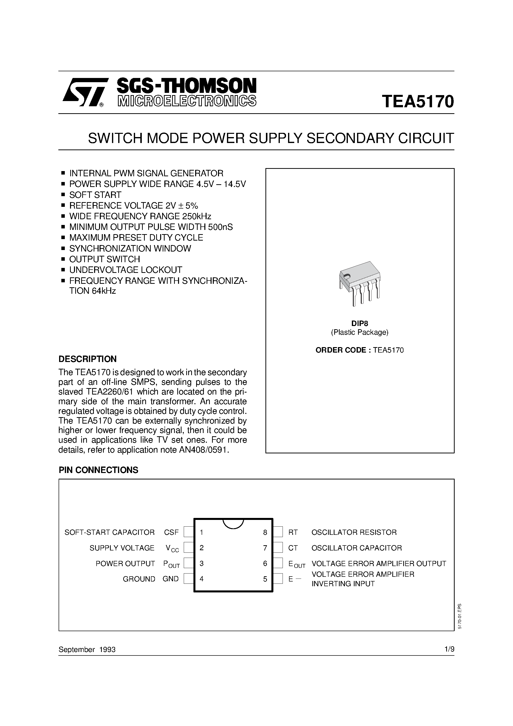 Даташит на микросхему TEA5170 страница 1 Даташит TEA5170 - SWITCH MODE POWER SUPPLY PRIMARY CIRCUIT страница 1