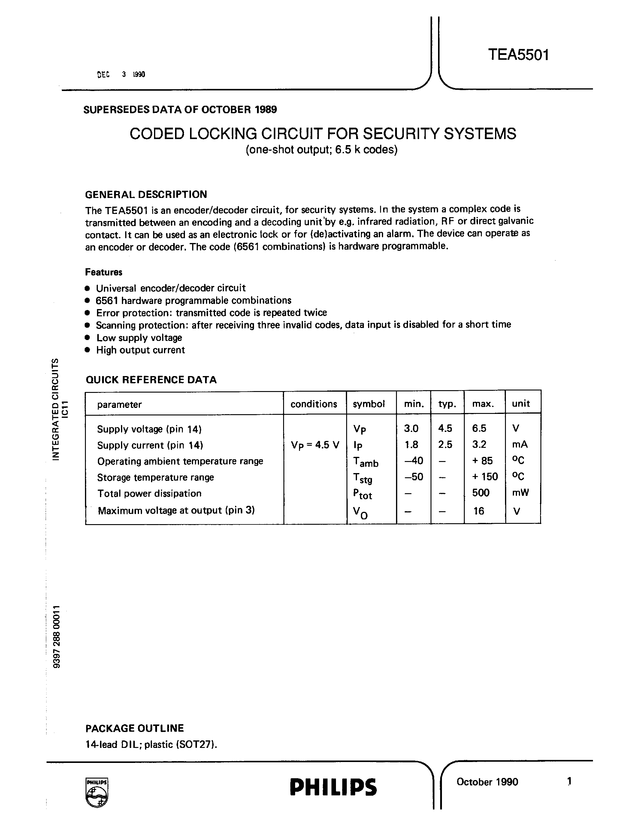 Datasheet TEA5501 - CODED LOCKING CIRCUIT FOR SECURITY SYSTEMS page 1