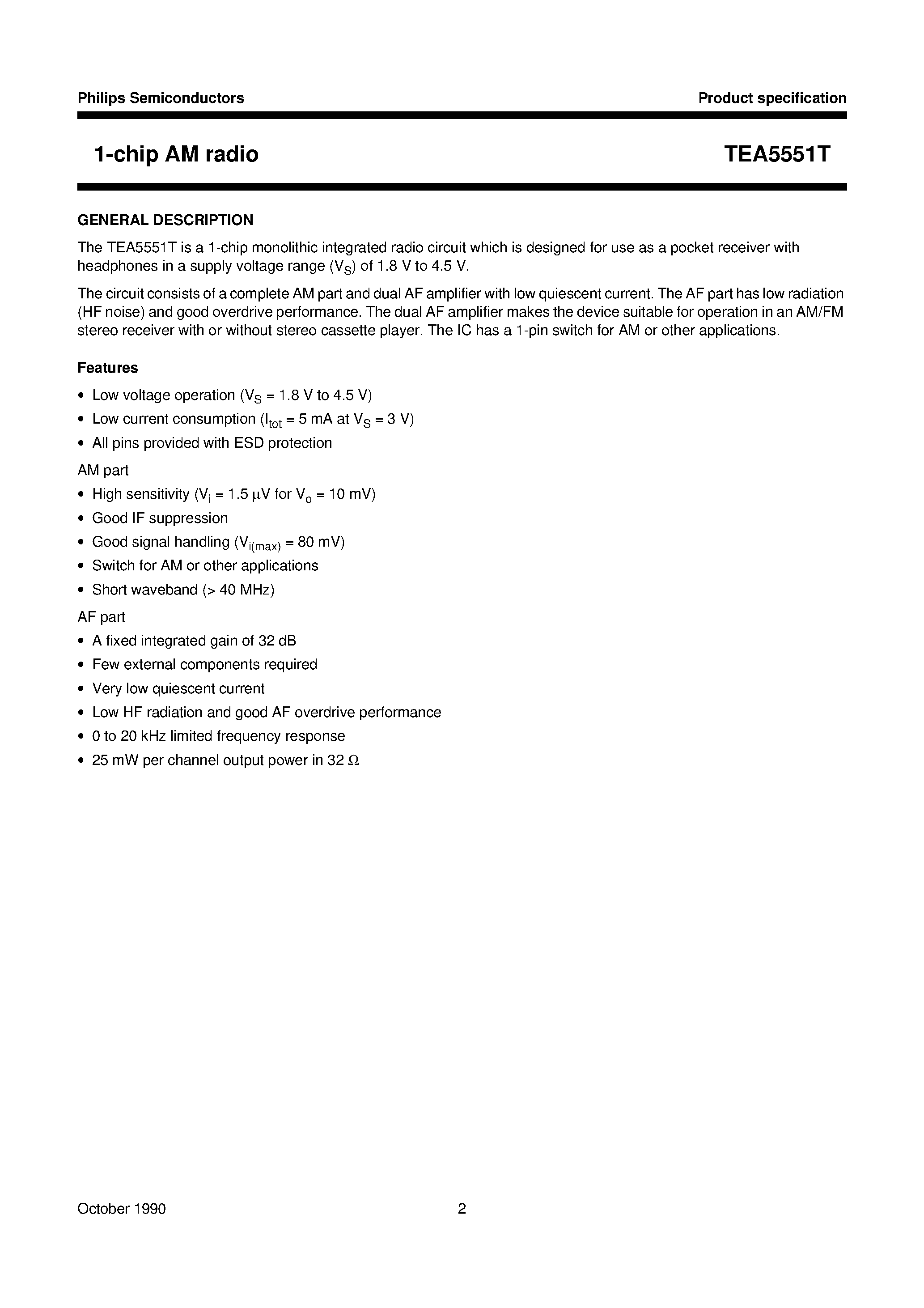 Даташит TEA5551T - 1-chip AM radio страница 2