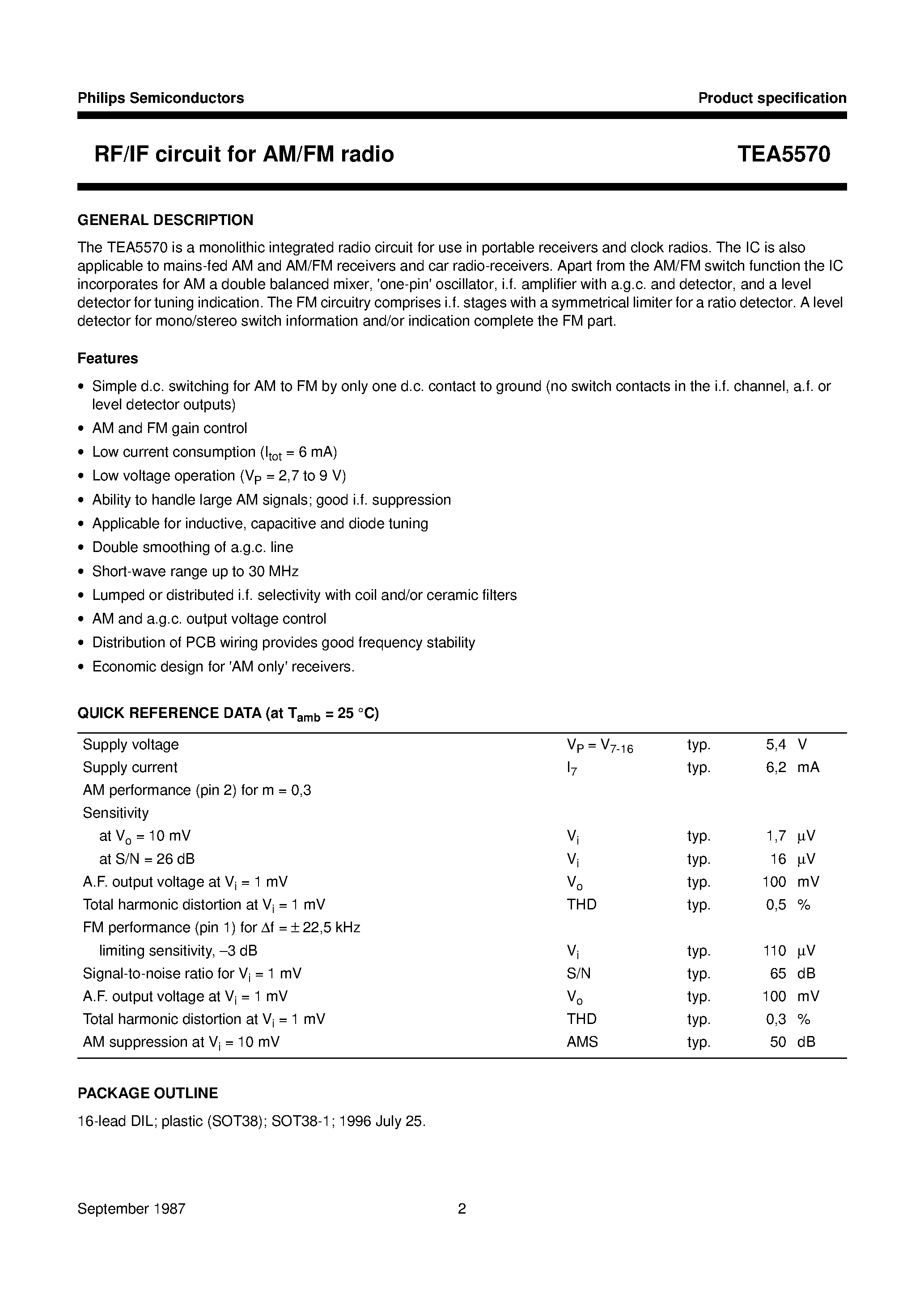 Даташит на микросхему TEA5570 страница 2 Даташит TEA5570 - RF/IF circuit for AM/FM radio страница 2