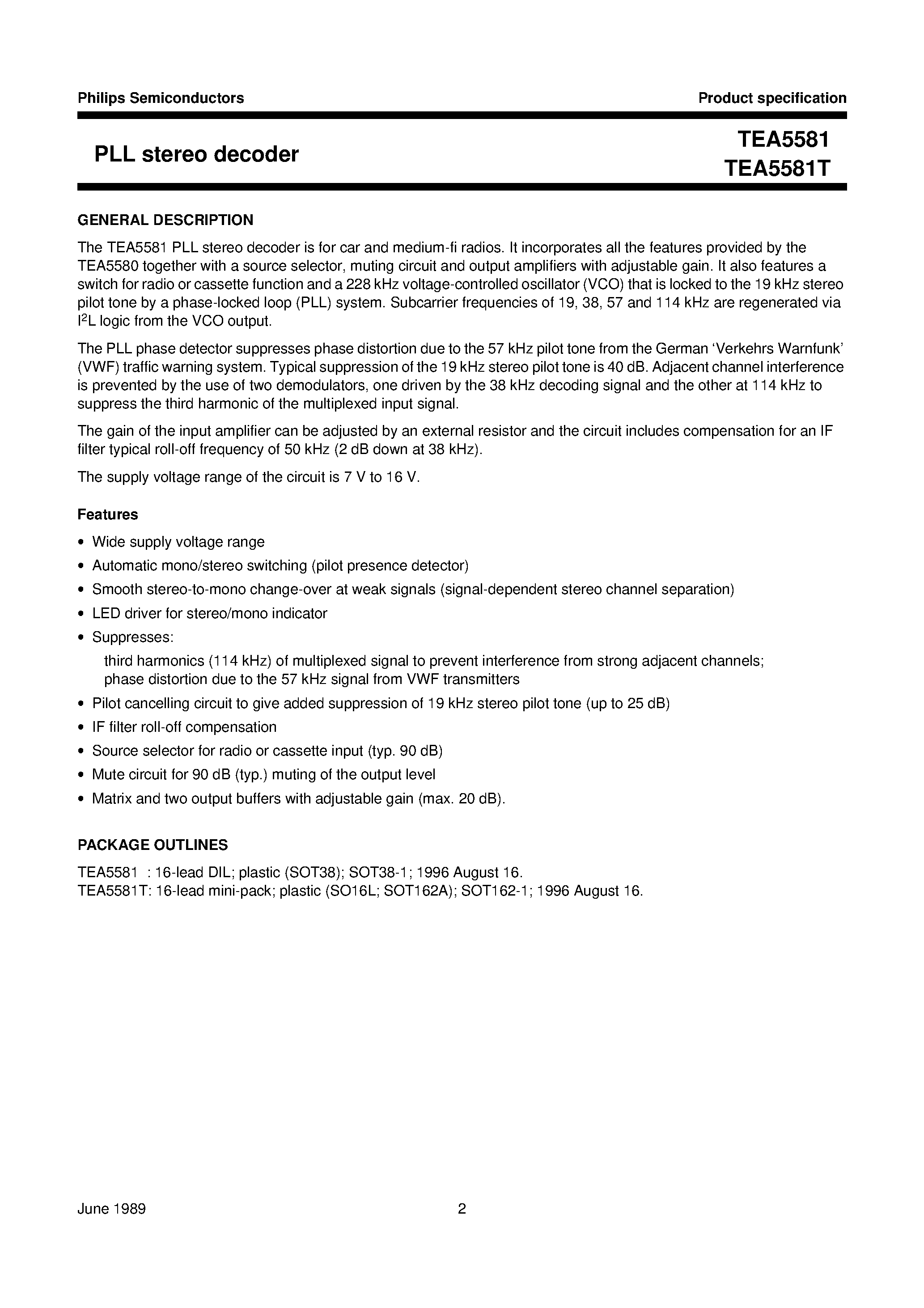 Даташит TEA5581T - PLL stereo decoder страница 2