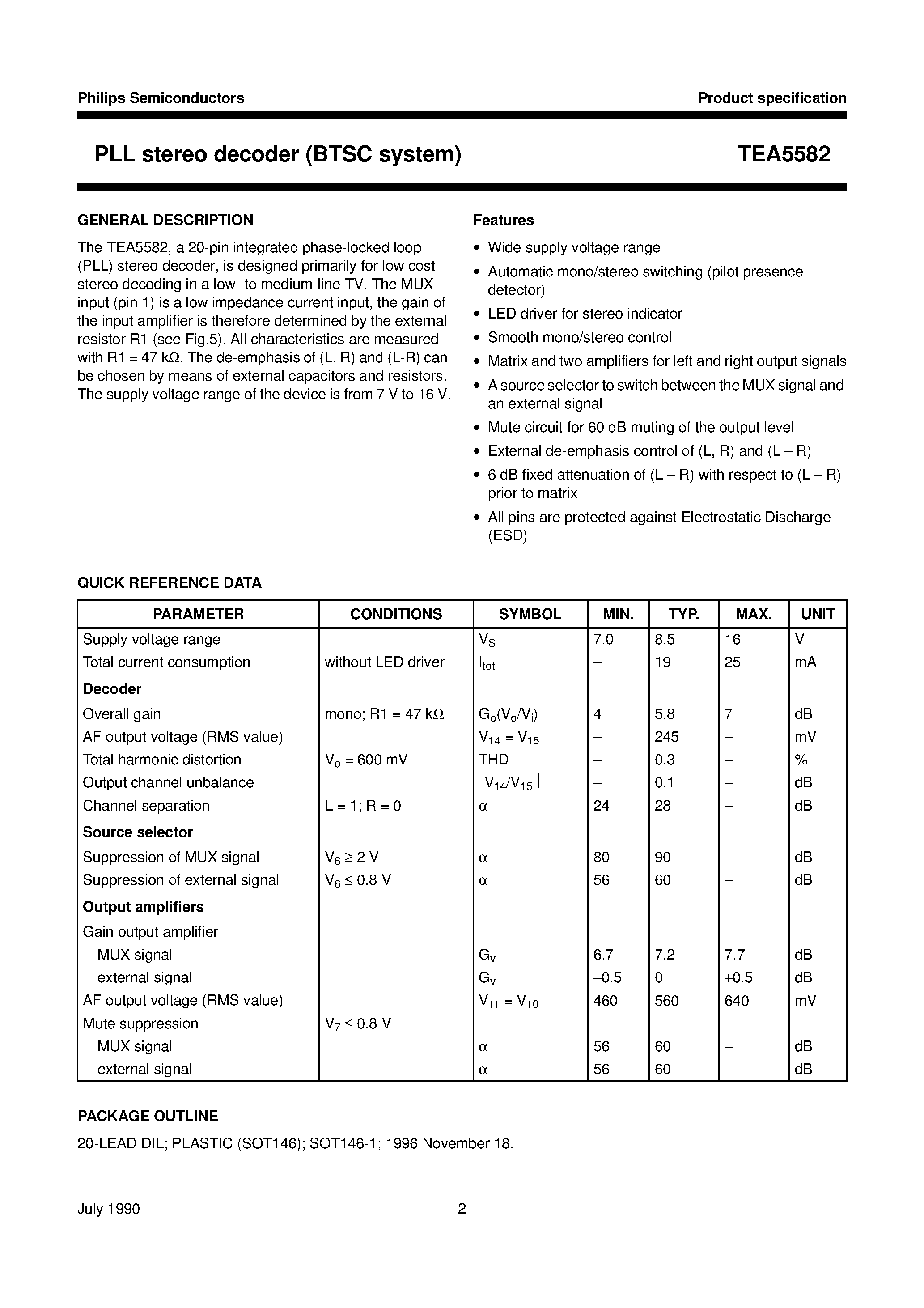 Даташит на микросхему TEA5582 страница 2 Даташит TEA5582 - PLL stereo decoder BTSC system страница 2